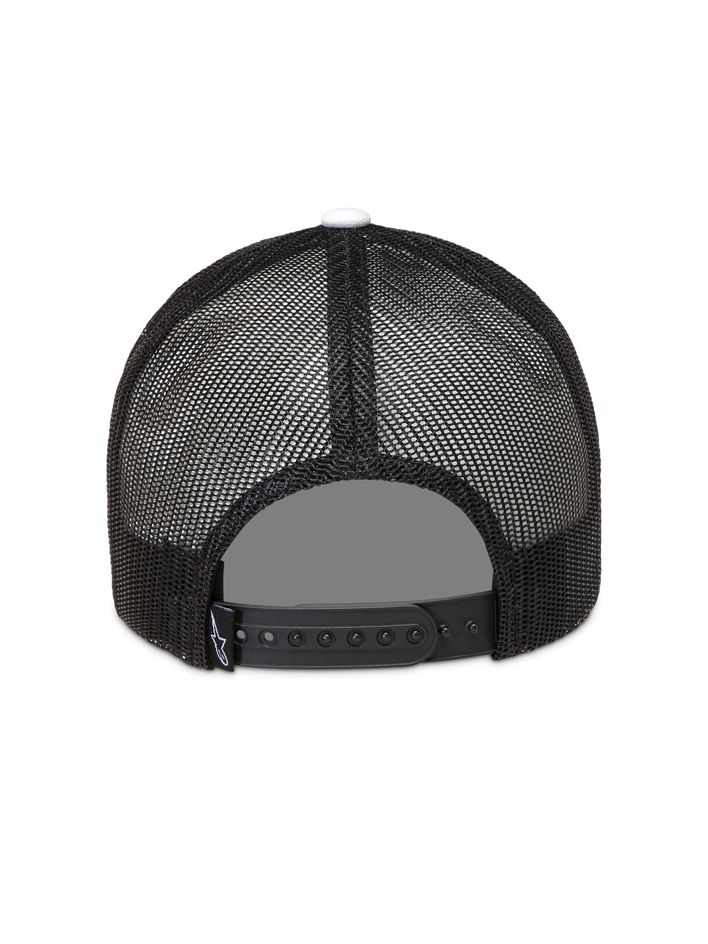 Alpinestars Ageless Snapback Hat, black trucker style mesh back with adjustable snap closure and white top button.