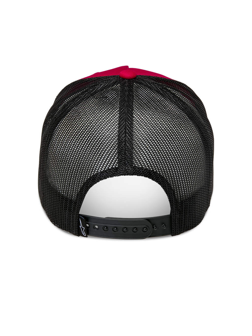 Alpinestars Ageless Trucker Hat, Red and Black, Rear view featuring black poly mesh back and adjustable snapback closure, Red top button and crown detail, Casual Motorsport Headwear