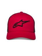 Alpinestars Ageless Trucker Hat, Red with Black Mesh Back, front 3D embroidered Astars logo in black, curved bill, casual motorsport-inspired headwear