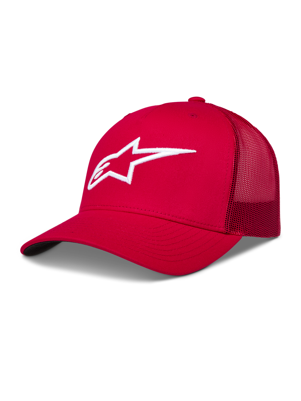 Alpinestars Ageless snapback-keps i rött med vit 3D-broderad Astars-logotyp, strukturerad krona och meshbaksida.