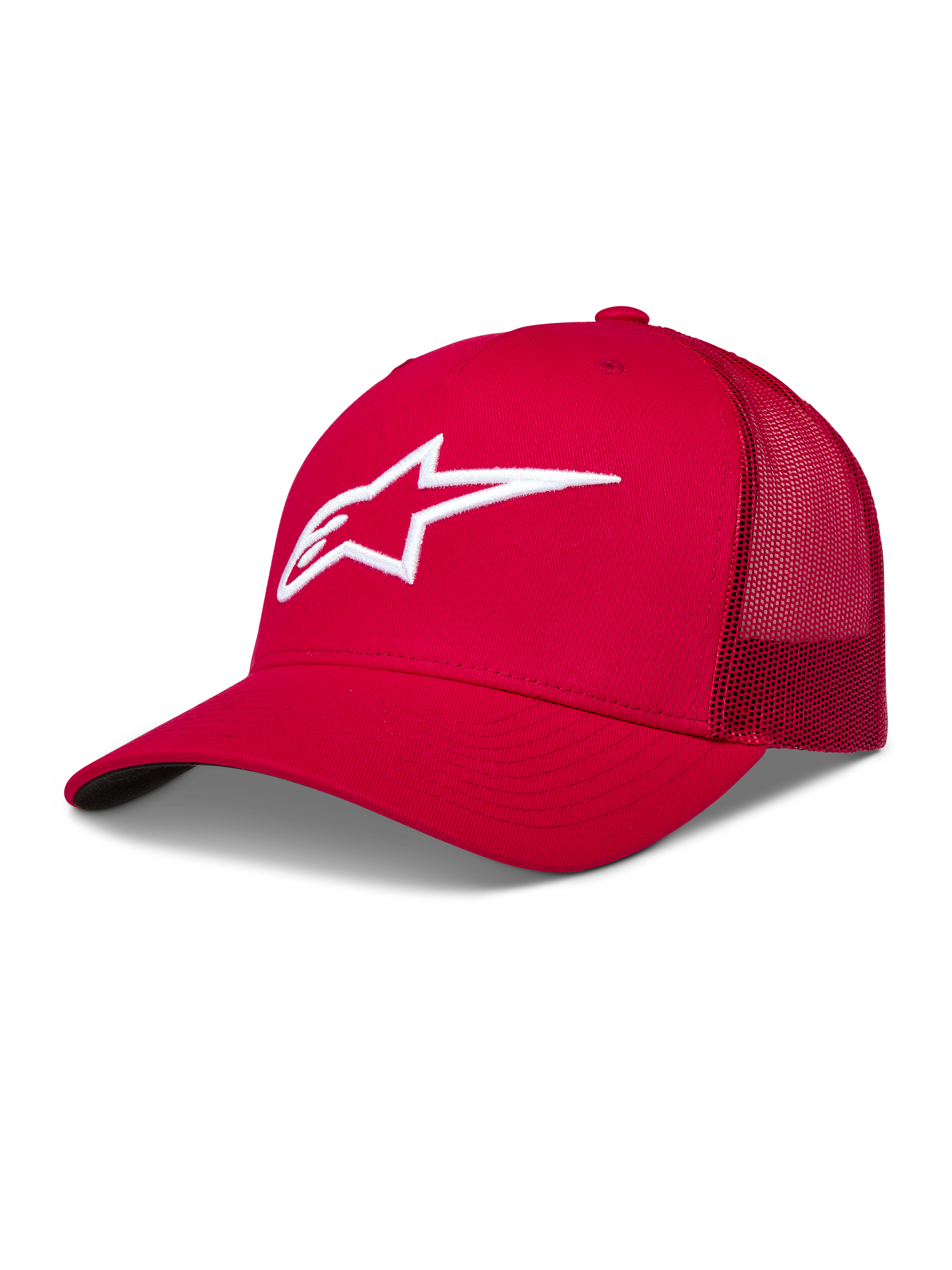 Alpinestars Ageless snapback-keps i rött med vit 3D-broderad Astars-logotyp, strukturerad krona och meshbaksida.