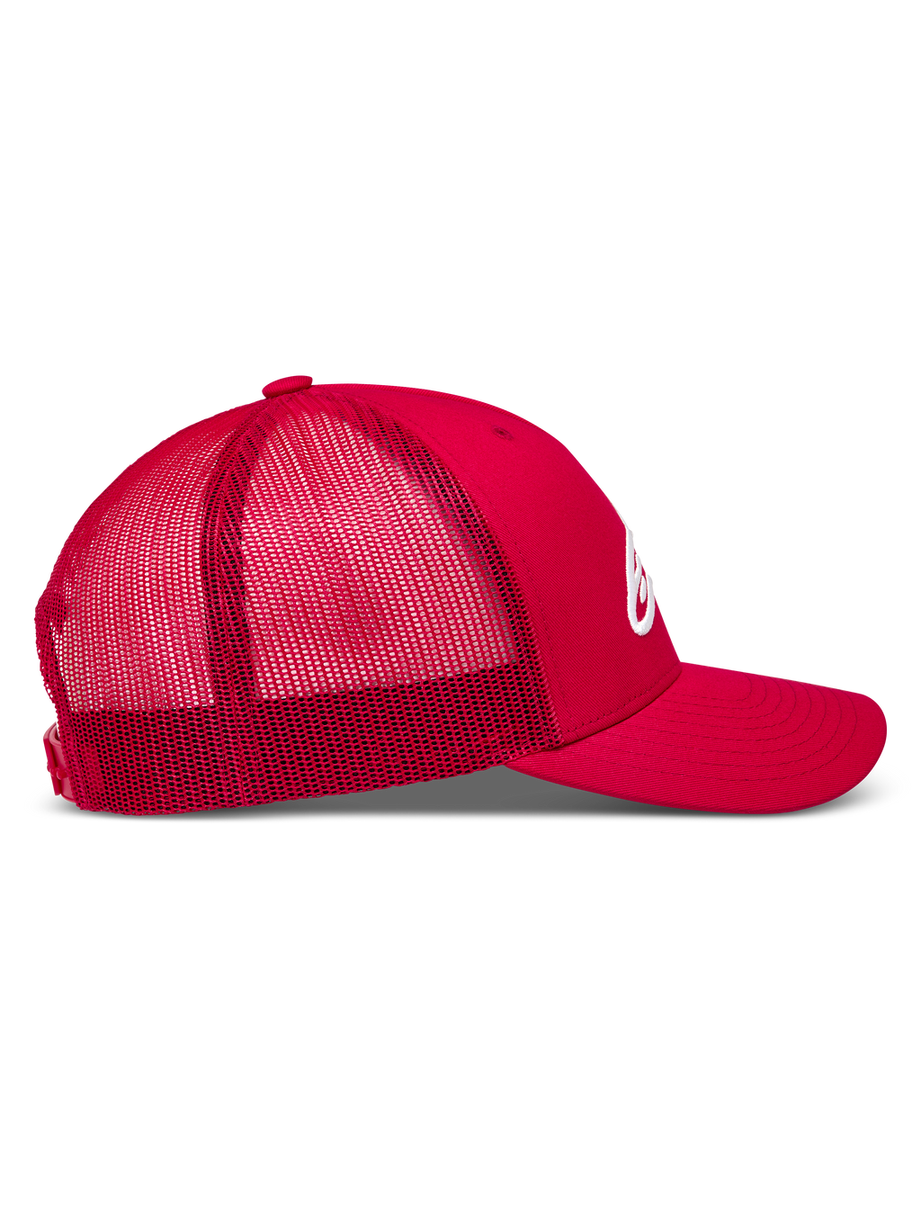 Alpinestars Ageless Snapback keps, röd sportkeps med ventilerande meshbaksida, böjd skärm och vit 3D-logotyp i profilvy.