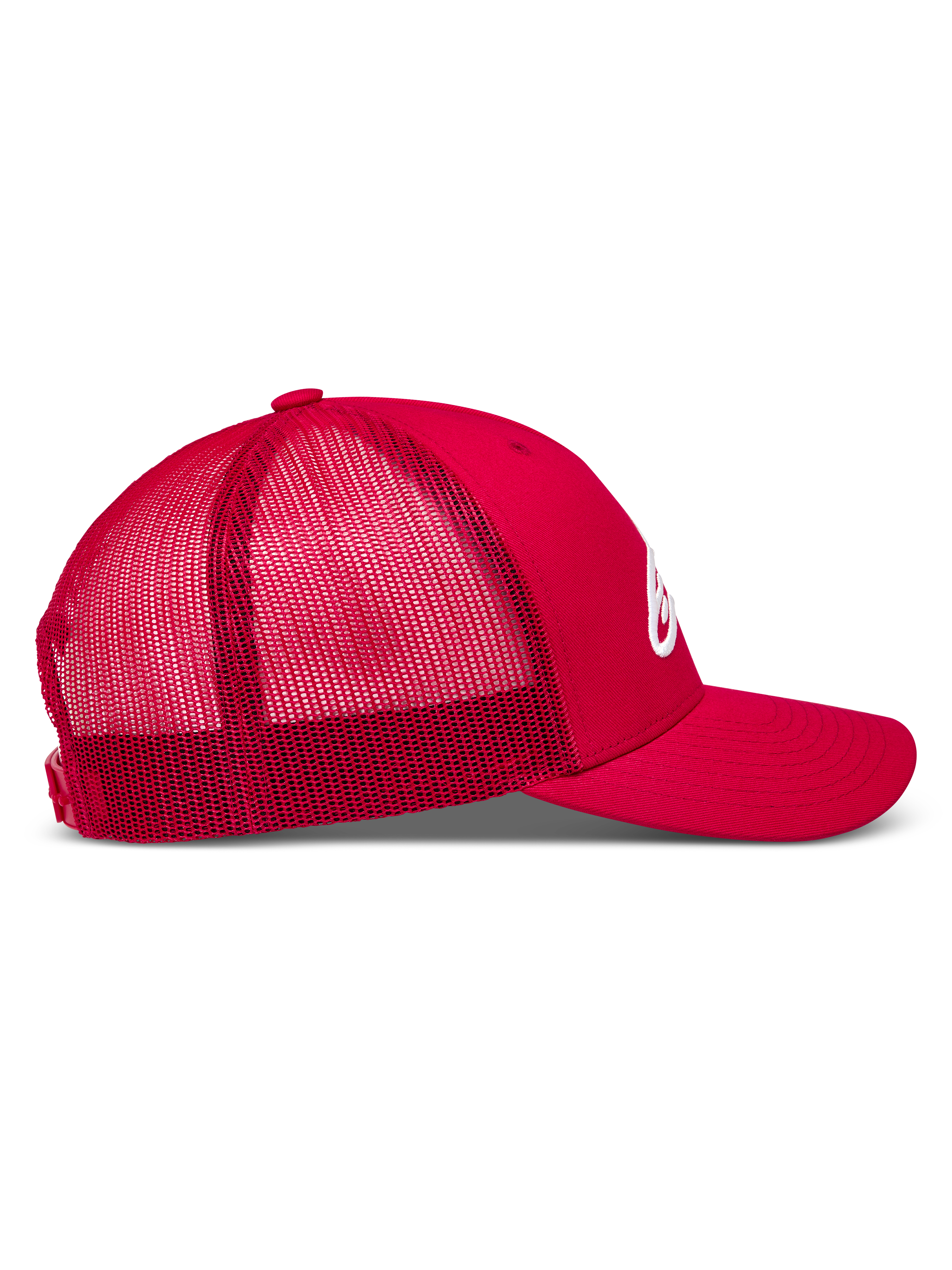 Alpinestars Ageless Snapback keps, röd sportkeps med ventilerande meshbaksida, böjd skärm och vit 3D-logotyp i profilvy.