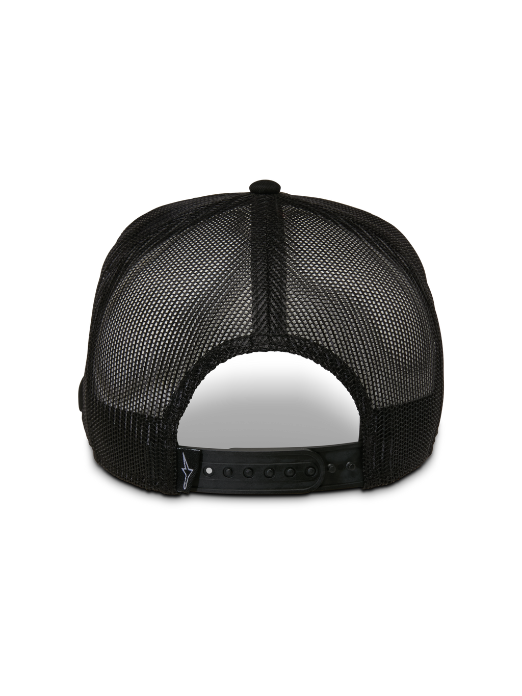 Alpinestars Control Trucker Hat, Back View, Black, featuring breathable mesh panels and an adjustable snapback closure, casual motorsport headwear