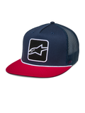Alpinestars Control Trucker-keps, mörkblå och röd, snapback-keps med platt skärm och mörkblå meshbaksida, broderad Astars-logolapp framtill och vit flätad snördetalj, vardaglig motorsportinspirerad huvudbonad