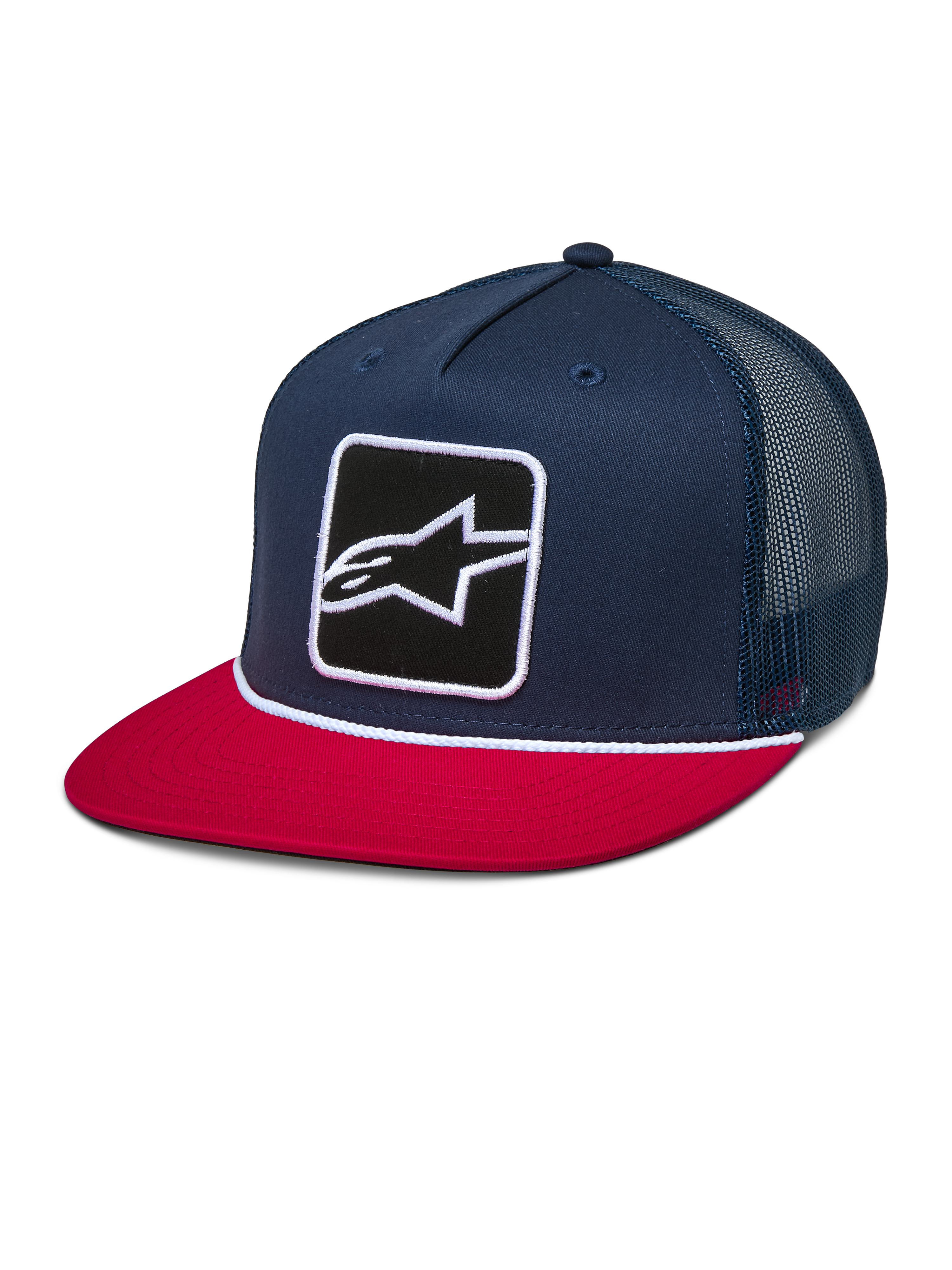 Alpinestars Control Trucker-keps, mörkblå och röd, snapback-keps med platt skärm och mörkblå meshbaksida, broderad Astars-logolapp framtill och vit flätad snördetalj, vardaglig motorsportinspirerad huvudbonad