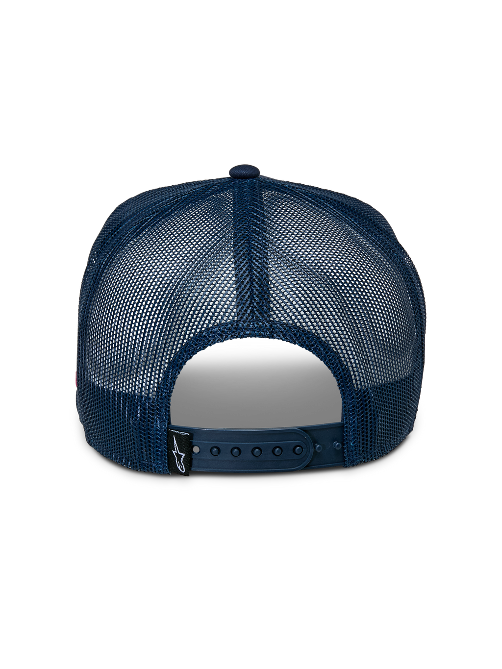 Alpinestars Control Trucker-keps, baksida, marinblå mesh, justerbart snapback-spänne, liten svart etikett med Astars-logotyp, vardaglig sportaccessoar