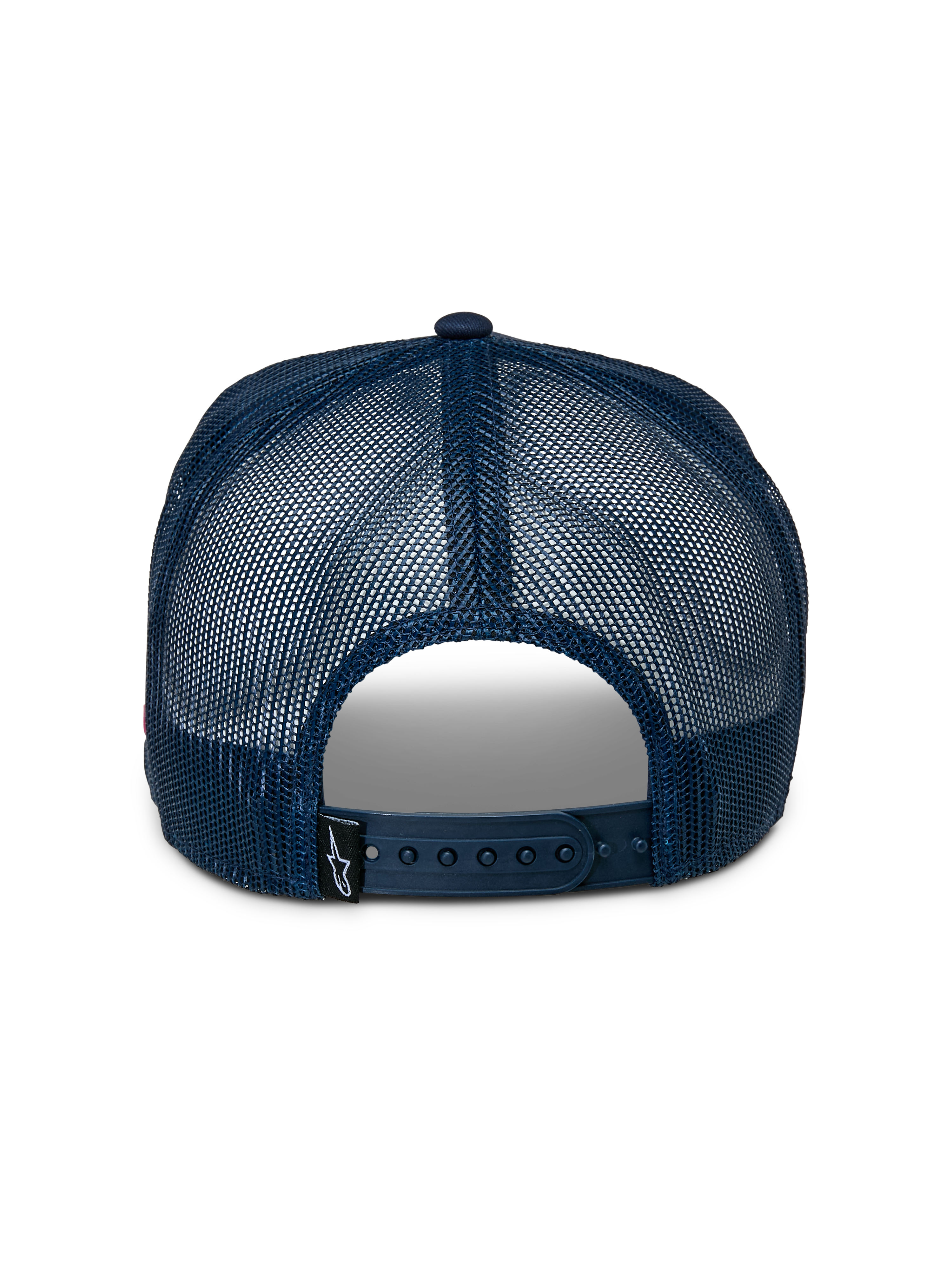 Alpinestars Control Trucker-keps, baksida, marinblå mesh, justerbart snapback-spänne, liten svart etikett med Astars-logotyp, vardaglig sportaccessoar