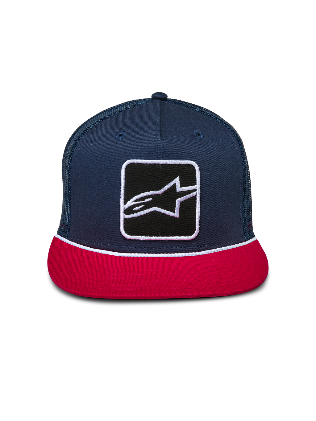 Alpinestars Control Trucker-keps, marinblå och röd, strukturerad krona med platt skärm, Astars-logotyp framtill med vit flätad snördetalj, baksida i mesh, vardaglig huvudbonad för motorsport