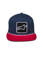 Alpinestars Control Trucker-keps, marinblå och röd, strukturerad krona med platt skärm, Astars-logotyp framtill med vit flätad snördetalj, baksida i mesh, vardaglig huvudbonad för motorsport