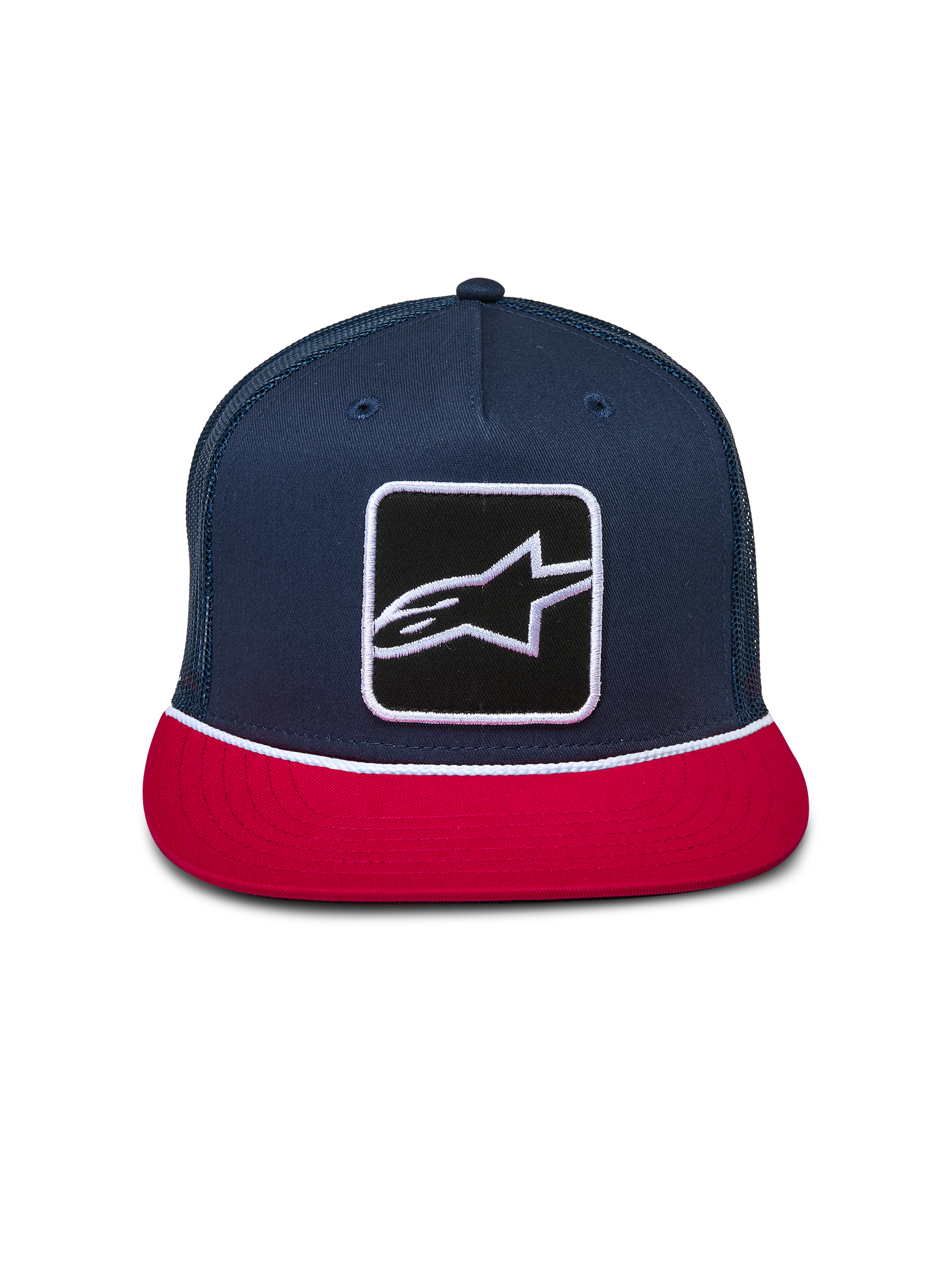 Alpinestars Control Trucker-keps, marinblå och röd, strukturerad krona med platt skärm, Astars-logotyp framtill med vit flätad snördetalj, baksida i mesh, vardaglig huvudbonad för motorsport
