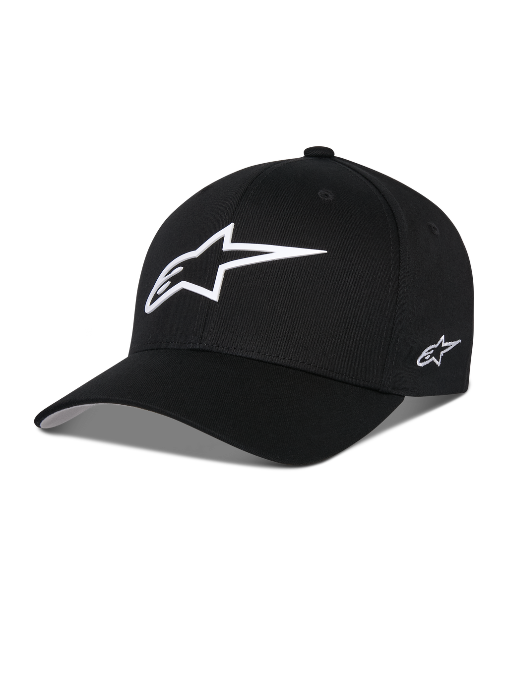 Alpinestars Ageless Multi Hat, svart keps med en stor vit 3D-stjärnlogotyp fram och en liten broderad logotyp på sidan, böjd skärm, strukturerad krona, vardaglig motorsport-inspirerad huvudbonad