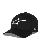 Alpinestars Ageless Multi Hat, svart keps med en stor vit 3D-stjärnlogotyp fram och en liten broderad logotyp på sidan, böjd skärm, strukturerad krona, vardaglig motorsport-inspirerad huvudbonad