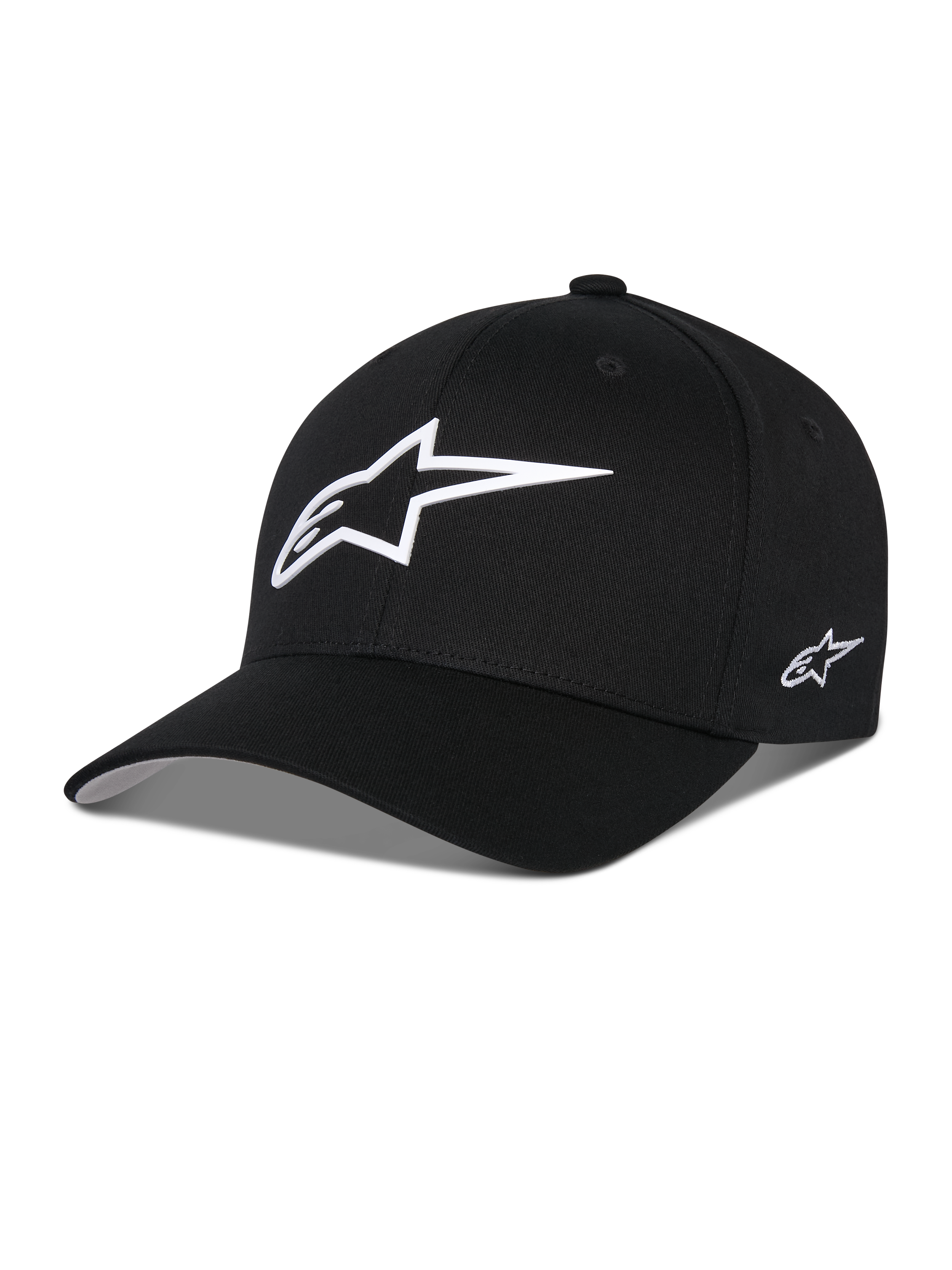 Alpinestars Ageless Multi Hat, Black Baseball Cap, featuring a large white 3D star logo on the front and a small embroidered logo on the side, curved brim, structured crown, casual motorsport-inspired headwear
