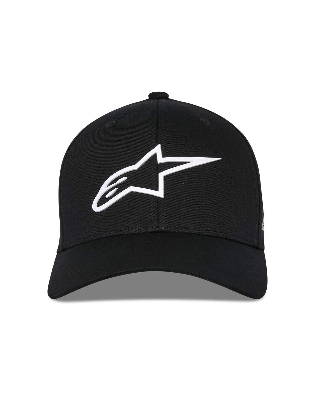 Alpinestars Ageless Multi keps, svart baseballkeps sedd framifrån, vit 3D Astars-logotyp, böjd skärm, strukturerad krona, vardagliga sportkläder