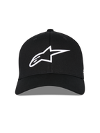 Alpinestars Ageless Multi keps, svart baseballkeps sedd framifrån, vit 3D Astars-logotyp, böjd skärm, strukturerad krona, vardagliga sportkläder
