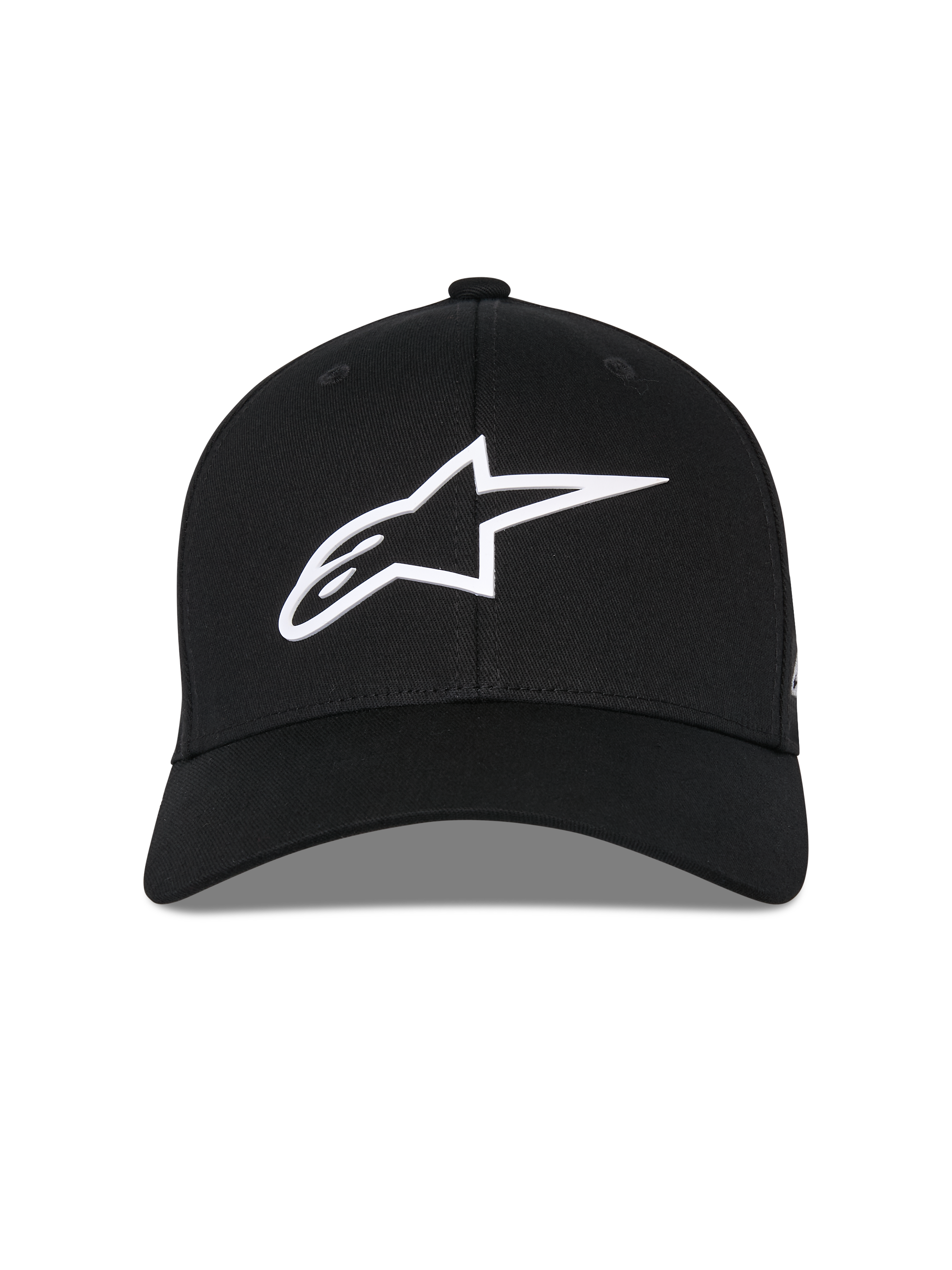Alpinestars Ageless Multi keps, svart baseballkeps sedd framifrån, vit 3D Astars-logotyp, böjd skärm, strukturerad krona, vardagliga sportkläder