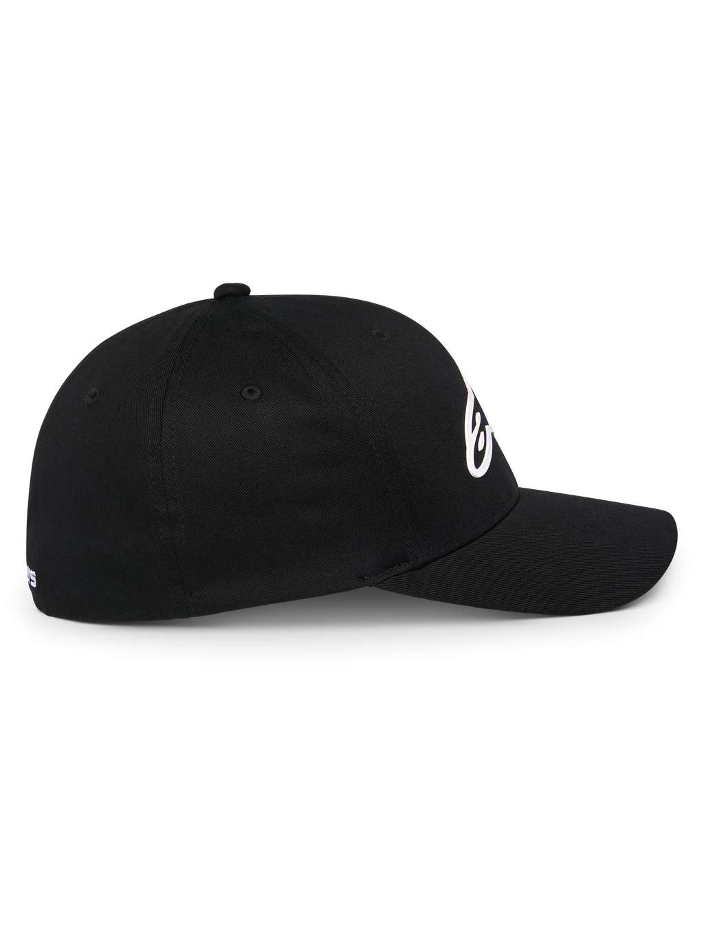 Alpinestars Ageless Multi keps, svart baseballkeps sedd från sidan, böjd skärm och strukturerad krona, vit 3D Astars-logotyp, casual motorsport-livsstil