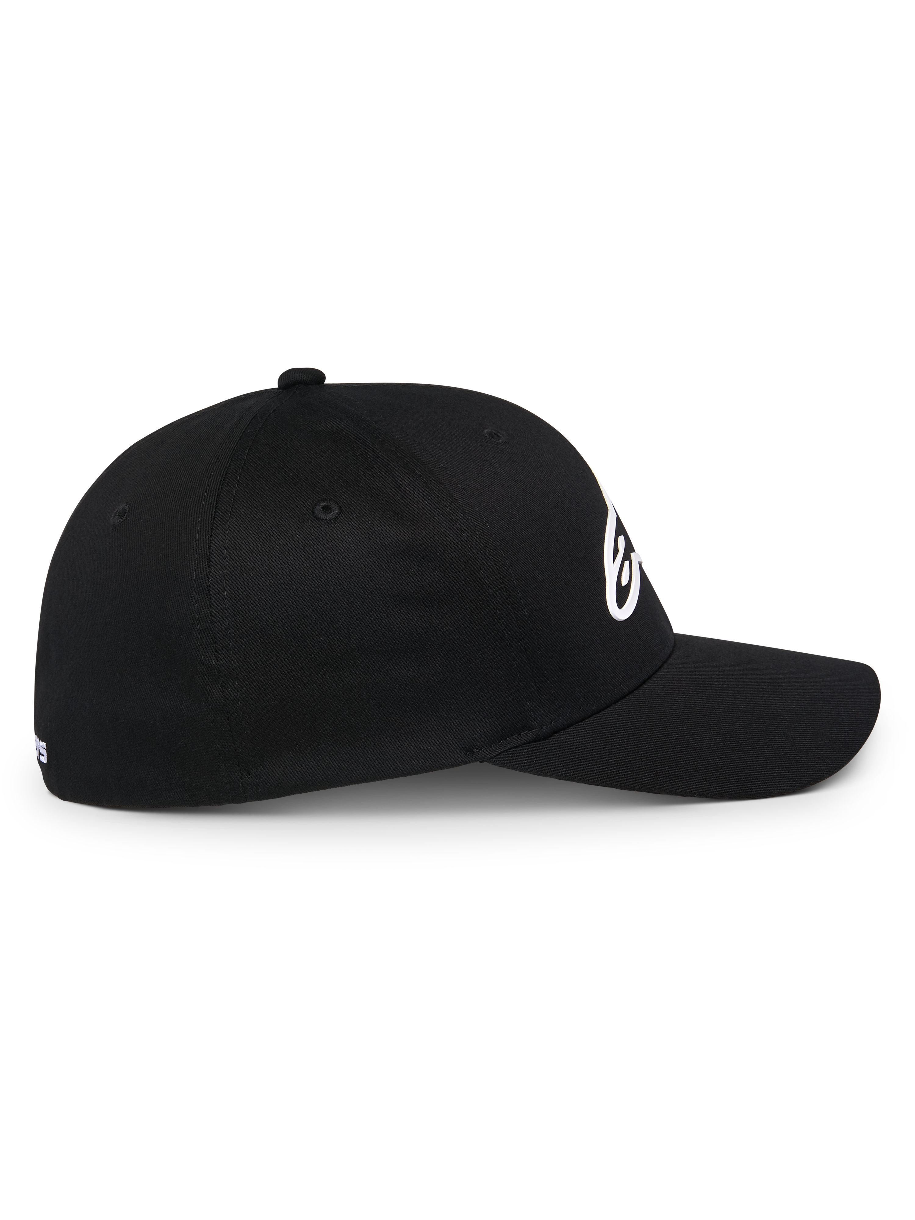 Alpinestars Ageless Multi keps, svart baseballkeps sedd från sidan, böjd skärm och strukturerad krona, vit 3D Astars-logotyp, casual motorsport-livsstil