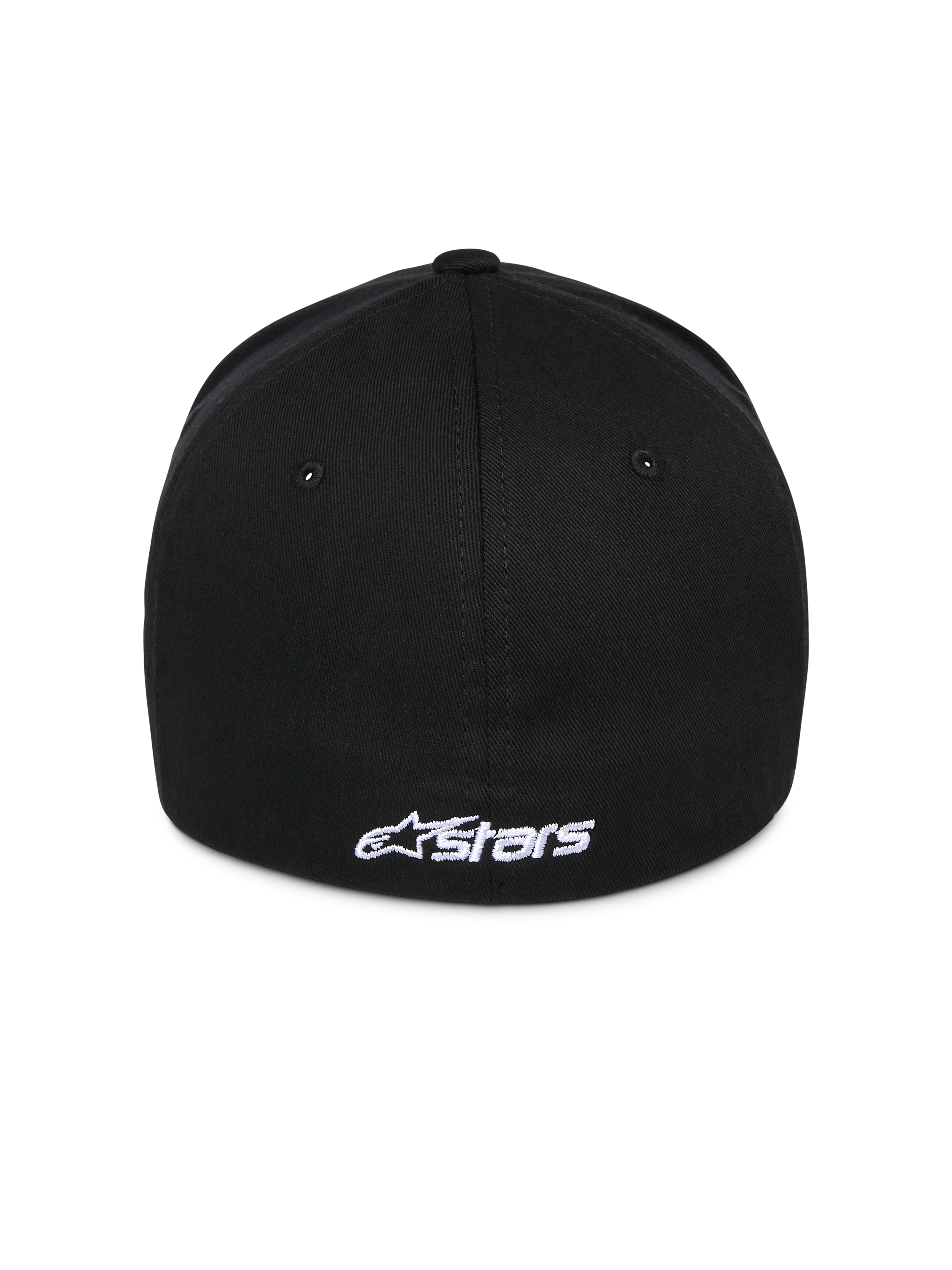 Alpinestars Ageless Multi Hat, svart baseballkeps, vy bakifrån med vit broderad Astars-logotyp, flex back-design, vardaglig sportstil