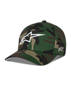 Alpinestars Ageless Multi keps, grön kamouflagebasebollkeps, vit 3D-Astars-logotyp framtill och broderi på sidan, böjd skärm, strukturerad krona, avslappnad motorsportinspirerad streetwear