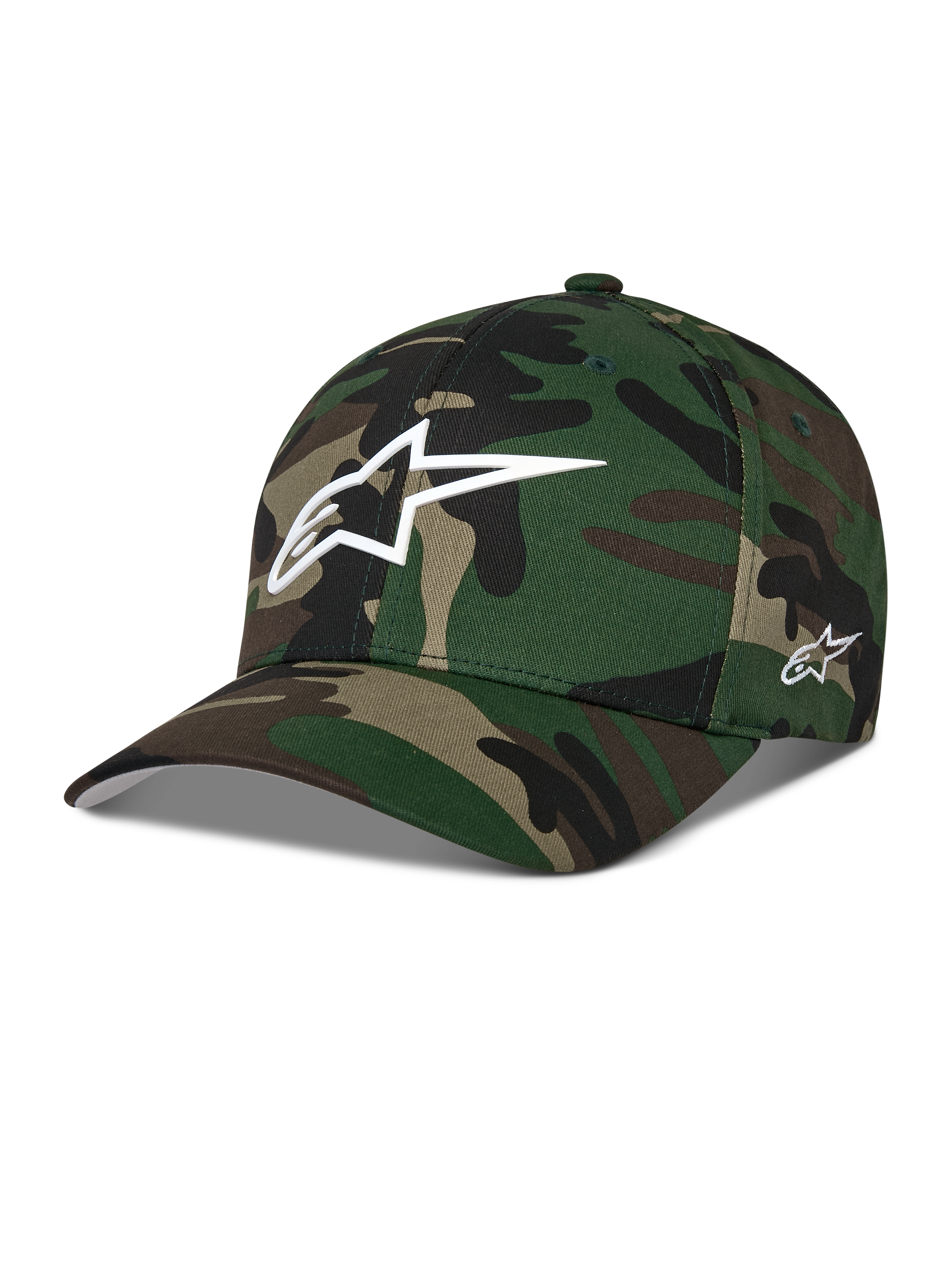 Alpinestars Ageless Multi keps, grön kamouflagebasebollkeps, vit 3D-Astars-logotyp framtill och broderi på sidan, böjd skärm, strukturerad krona, avslappnad motorsportinspirerad streetwear