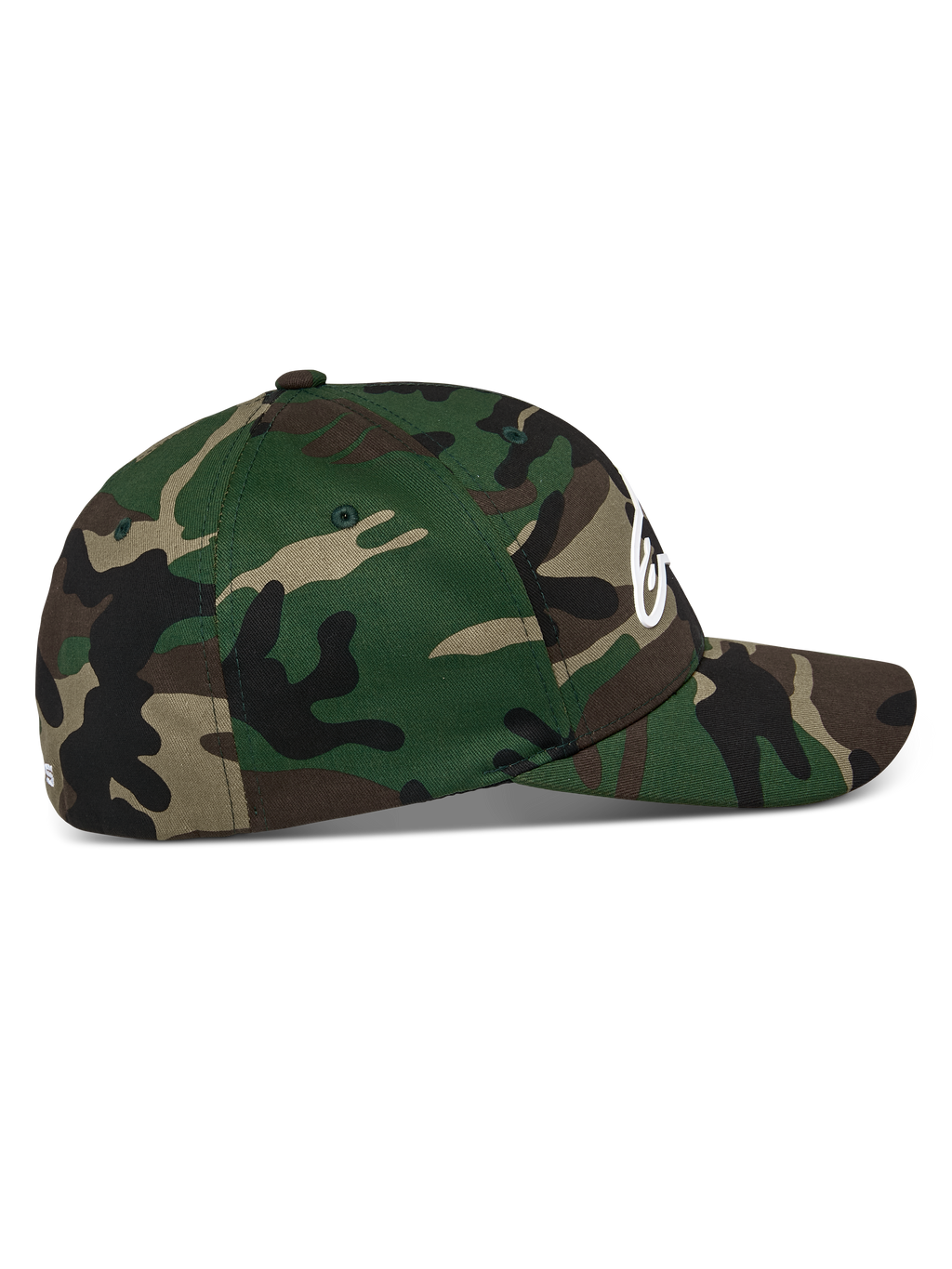 Alpinestars Ageless Multi keps, Green Camo, sidoprofil, böjd skärm med strukturerad krona, stretch-twill material, vit 3D-tryckt Astars-logotyp framtill och platt broderi baktill, casual sportkläder