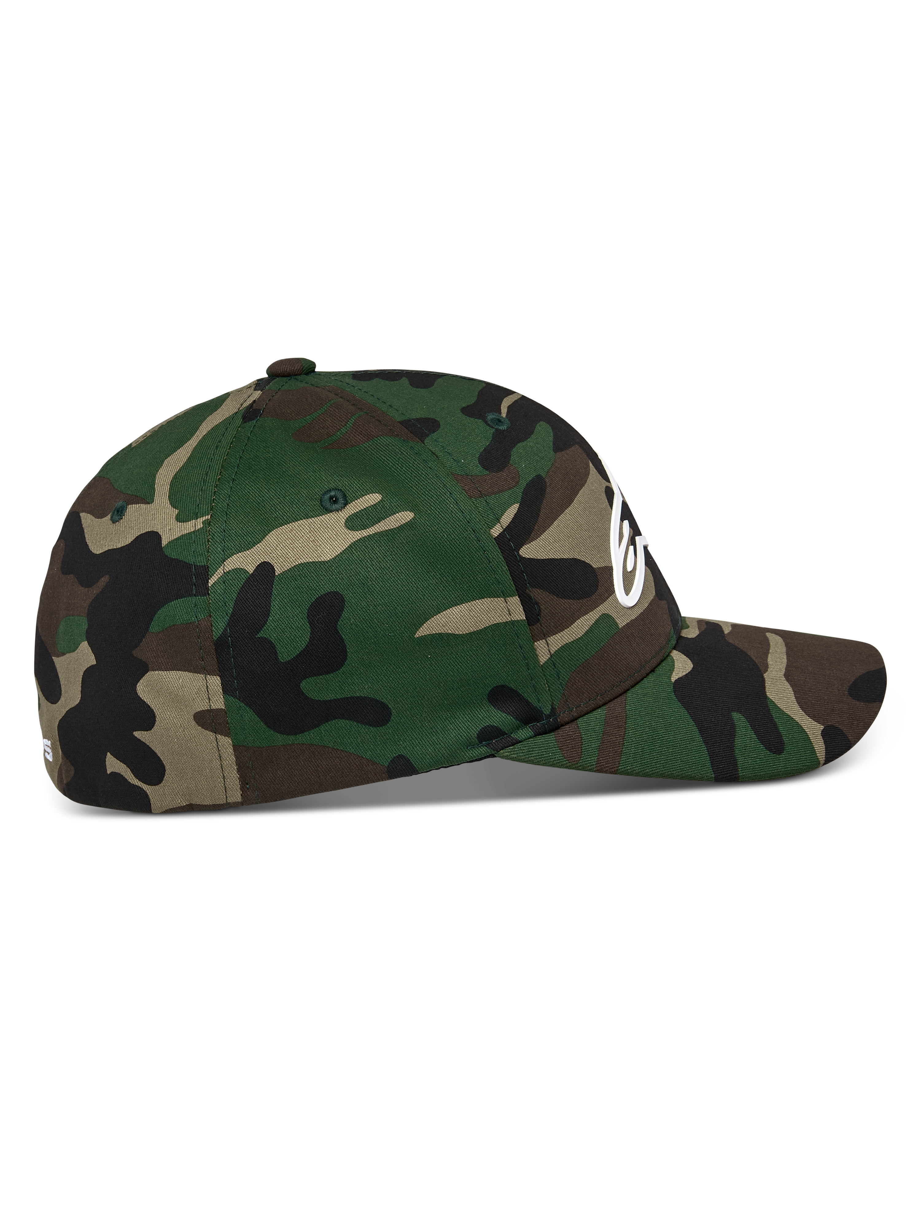 Alpinestars Ageless Multi keps, Green Camo, sidoprofil, böjd skärm med strukturerad krona, stretch-twill material, vit 3D-tryckt Astars-logotyp framtill och platt broderi baktill, casual sportkläder