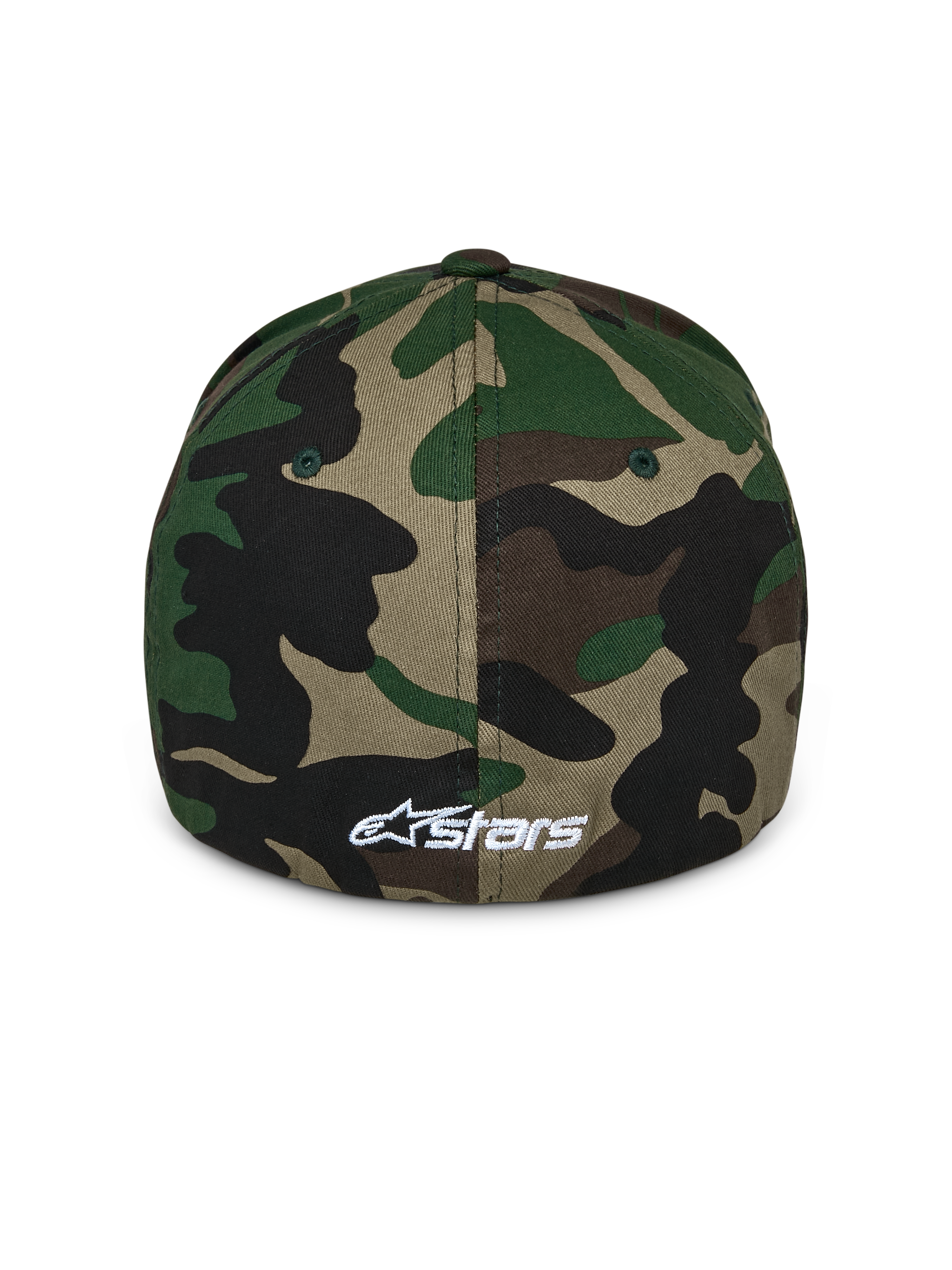 Alpinestars Ageless Multi keps, grön kamouflagemönstrad baseballkeps, sedd bakifrån med en liten vit broderad Astars-logotyp, med en strukturerad krona och flex-bak-design