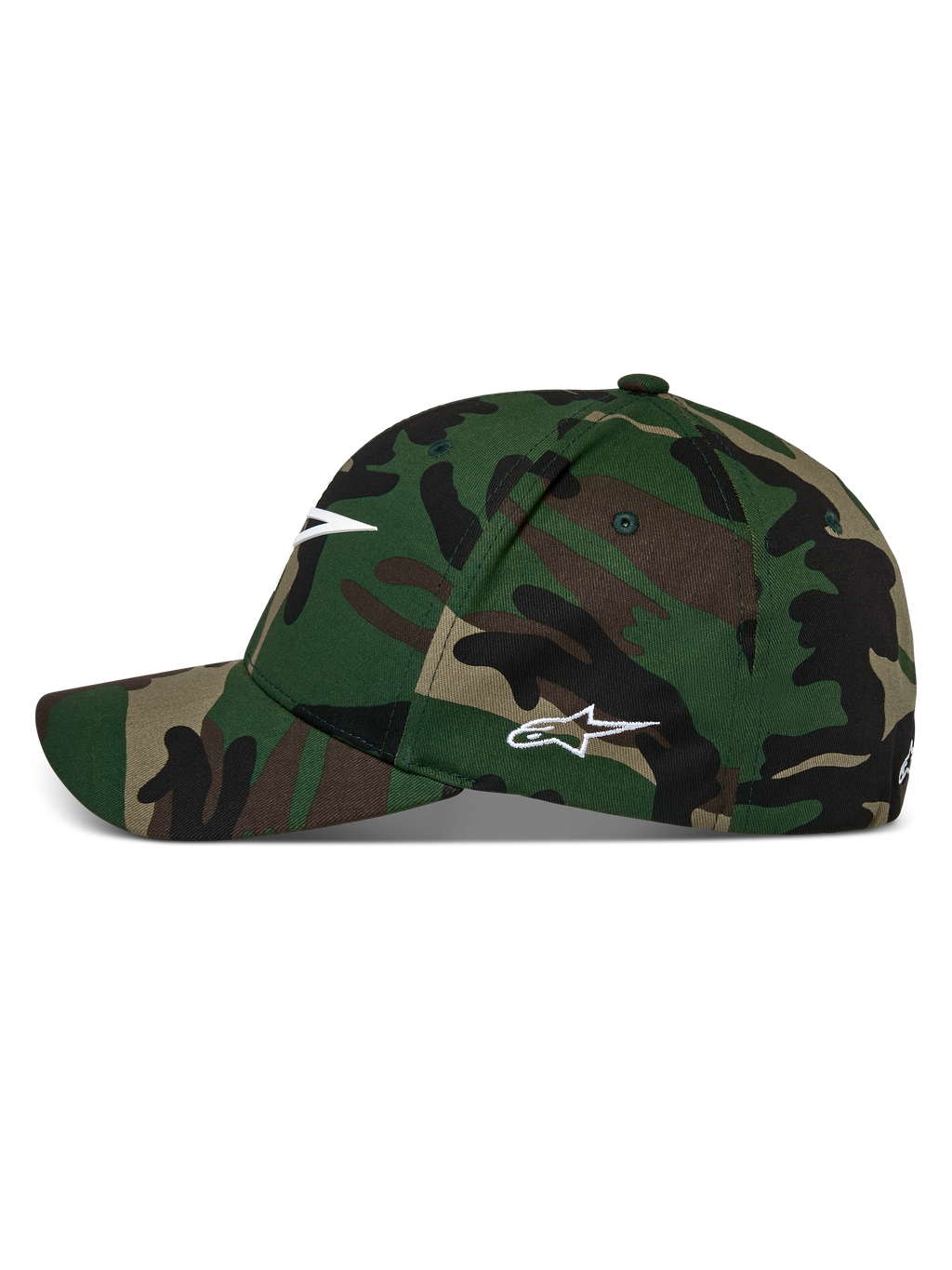 Alpinestars Ageless Multi keps, baseballkeps i grön camo, böjd skärm med strukturerad krona, vit Astars-logotyp framtill och på sidan, avslappnad motorsport-streetwear