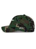 Alpinestars Ageless Multi keps, baseballkeps i grön camo, böjd skärm med strukturerad krona, vit Astars-logotyp framtill och på sidan, avslappnad motorsport-streetwear