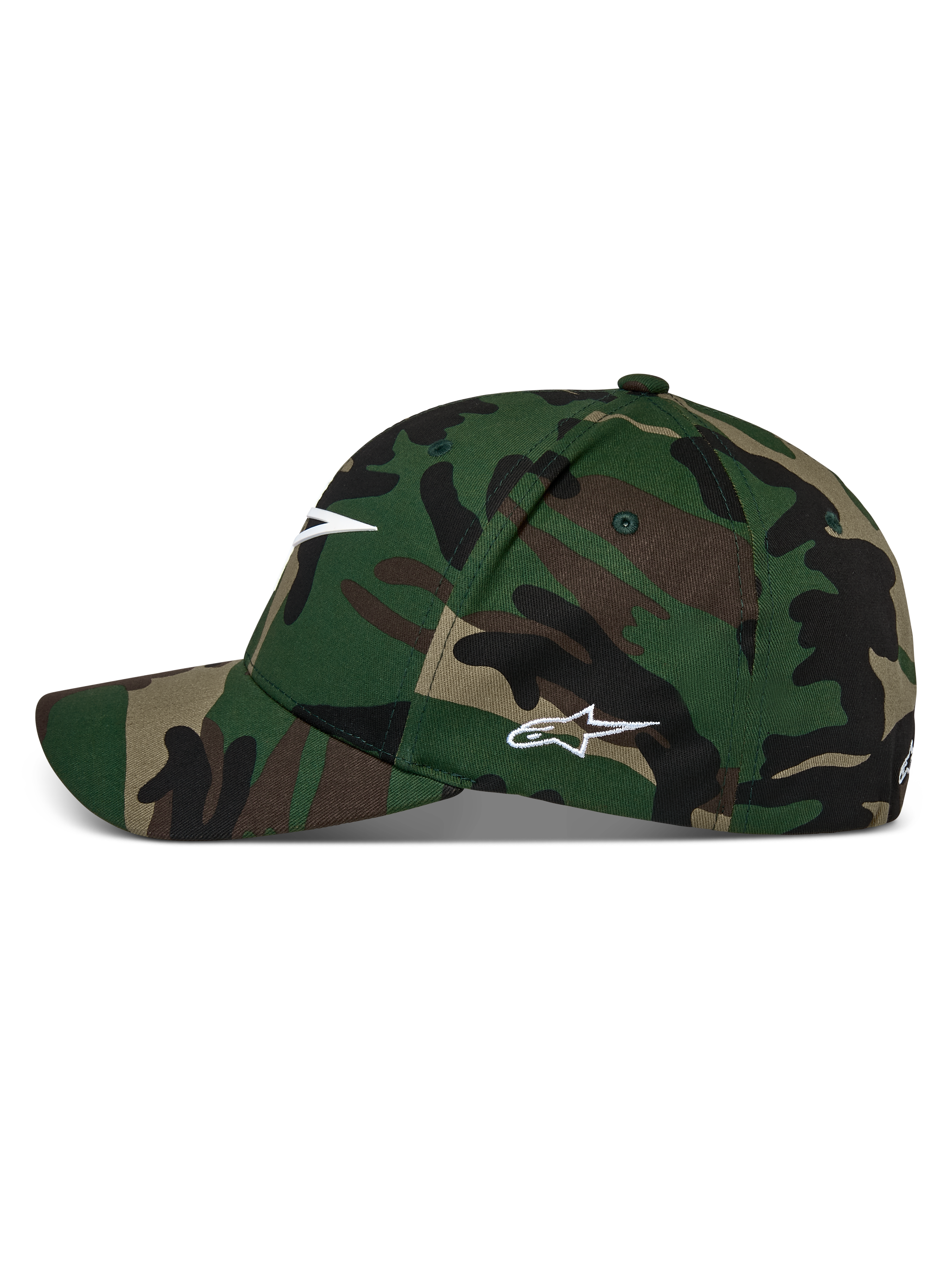 Alpinestars Ageless Multi keps, baseballkeps i grön camo, böjd skärm med strukturerad krona, vit Astars-logotyp framtill och på sidan, avslappnad motorsport-streetwear