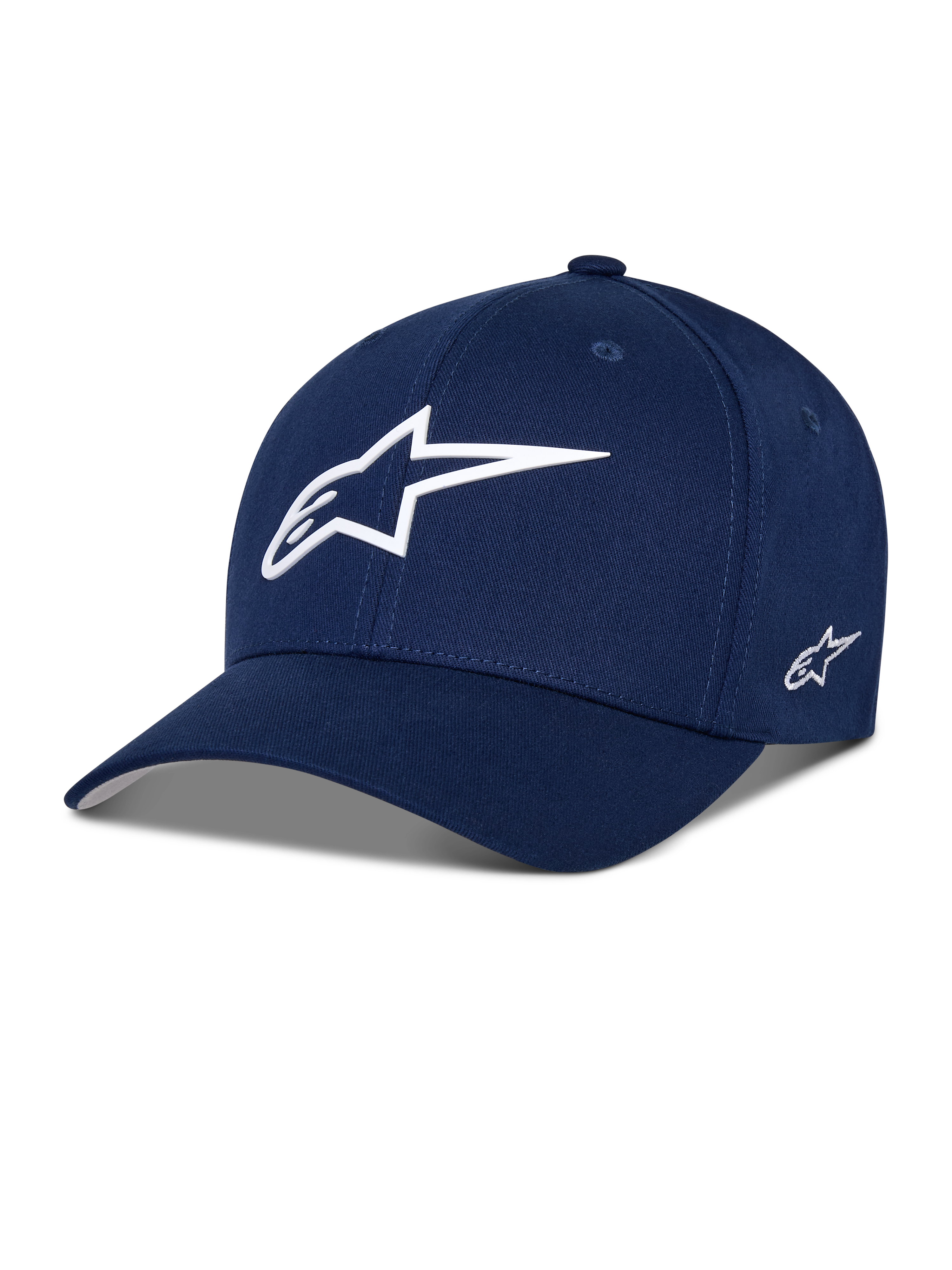 Alpinestars Ageless Multi Hat, mörkblå baseballkeps, vit 3D-stjärnlogotyp framtill, broderad sidologotyp, böjd skärm, vardaglig sportswear-stil