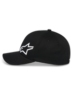 Alpinestars Corp Shift Multi Hat, Black Baseball Cap, side profile view, white 3D Astars logo on the front, curved bill, structured crown, casual motorsport-inspired streetwear