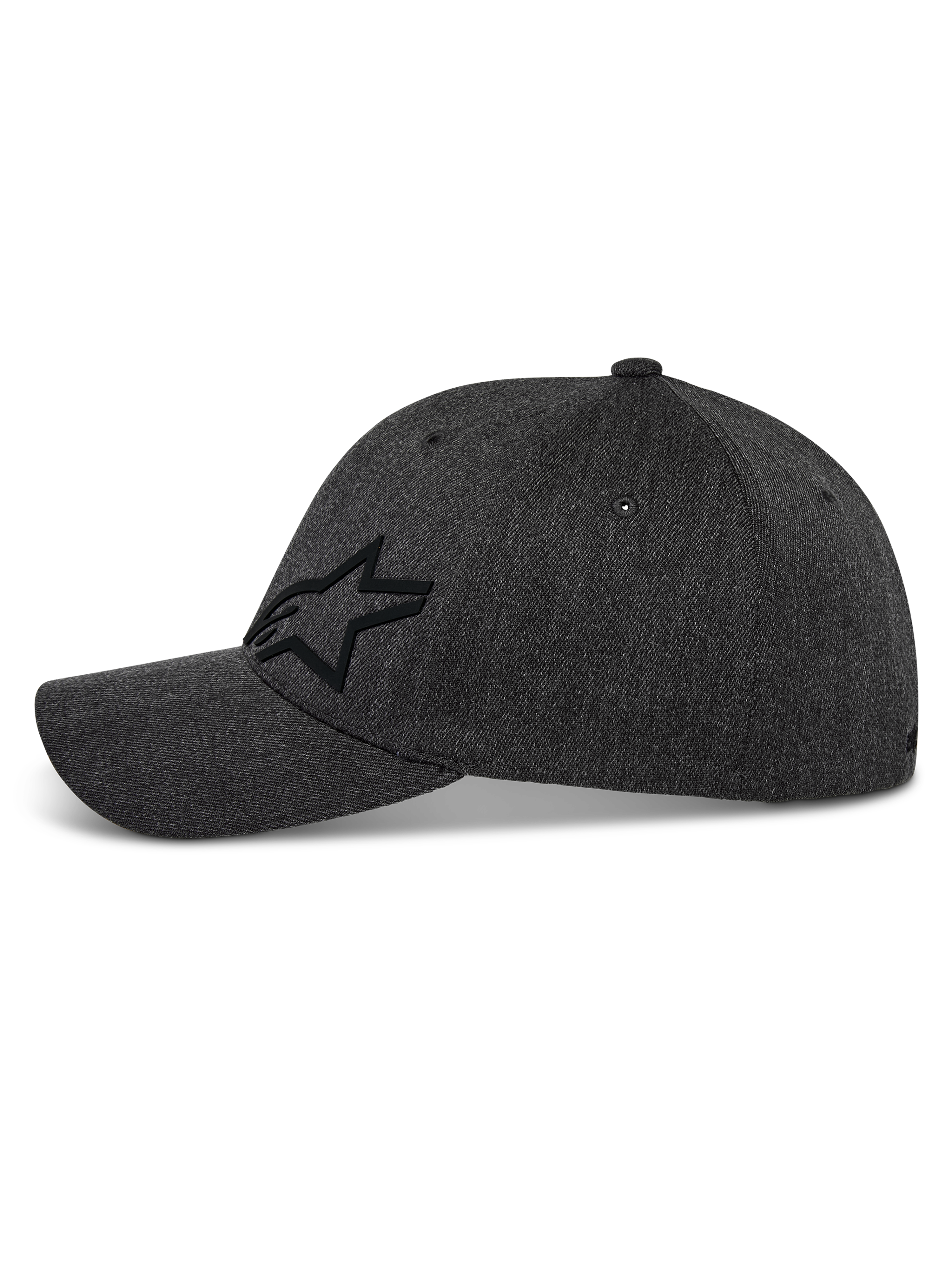 Alpinestars Corp Shift Multi Hat, Baseball Cap, Dark Grey Heather, side profile featuring black 3D Astars star logo, curved bill, structured crown, stretch twill fabric, casual motorsport-inspired headwear