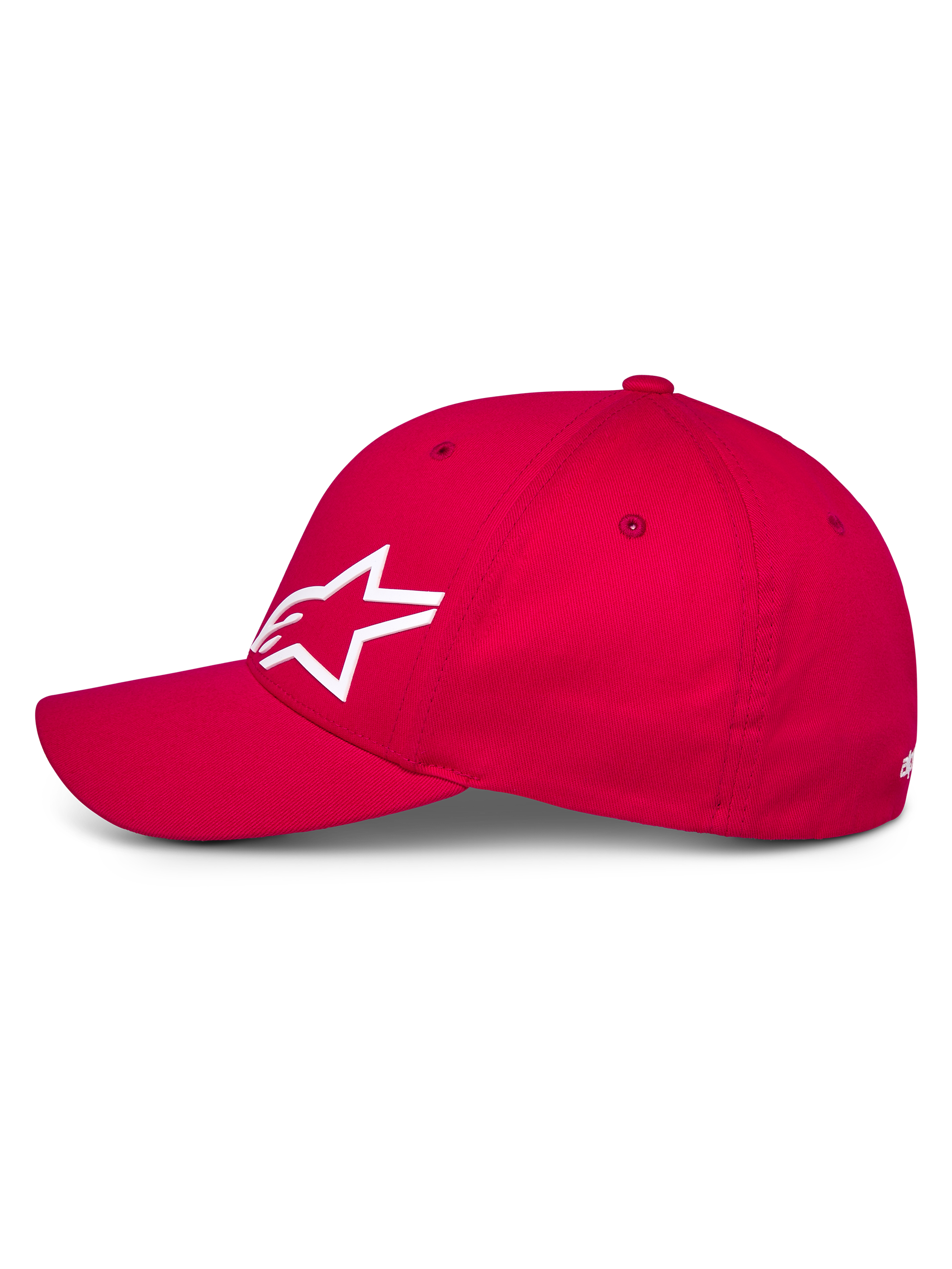 Alpinestars Corp Shift Multi Keps, röd baseballkeps i sidoprofil som visar en vit 3D Astars-logotyp, böjd skärm och strukturerad krona, vardaglig motorsport-huvudbonad