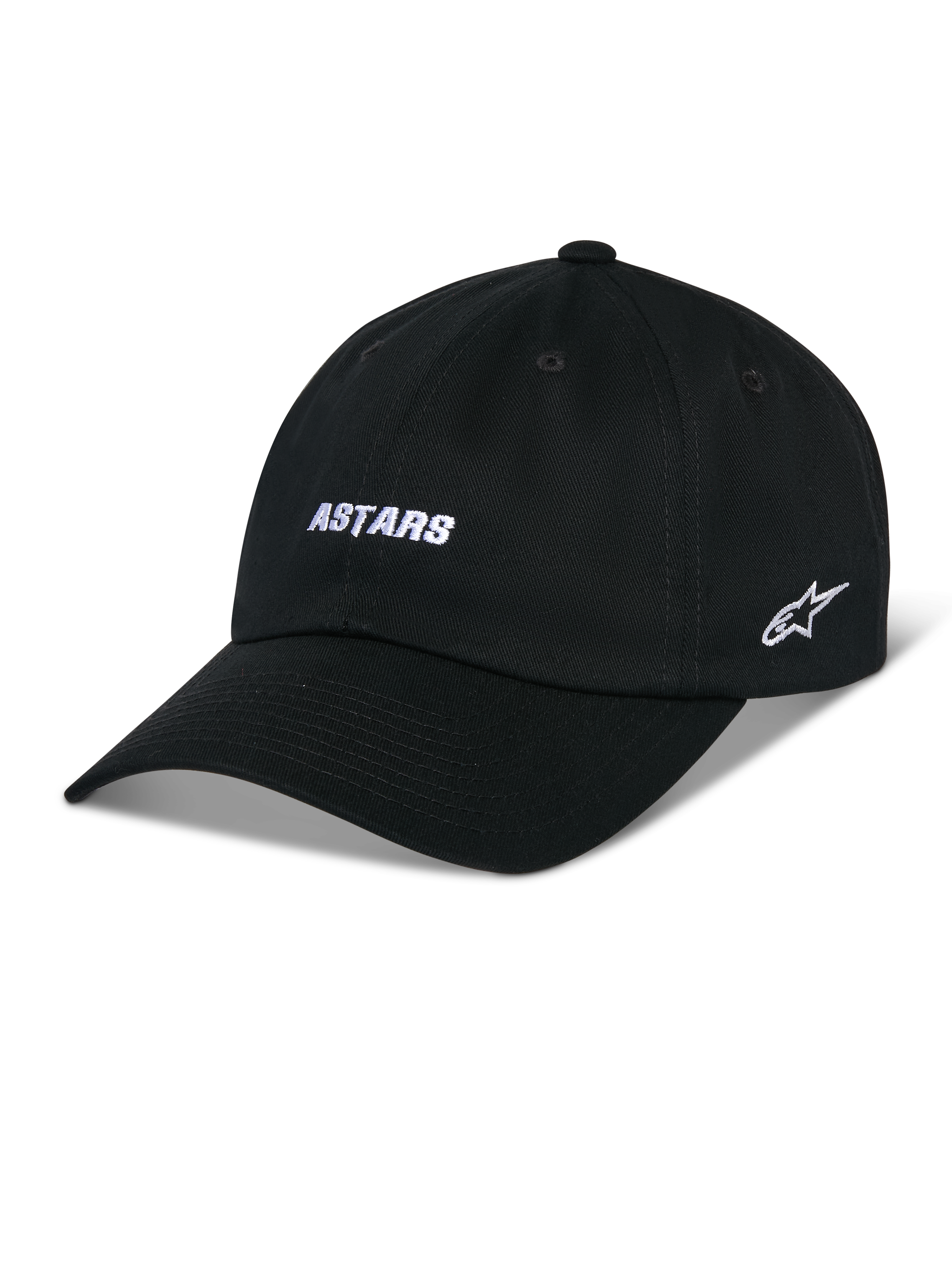 Alpinestars Deduce Strapback Hat, svart baseballkeps med böjd skärm, vit ASTARS-brodyr på framsidan och stjärnlogotyp på sidan, ostrukturerad låg profil, bomullstwill