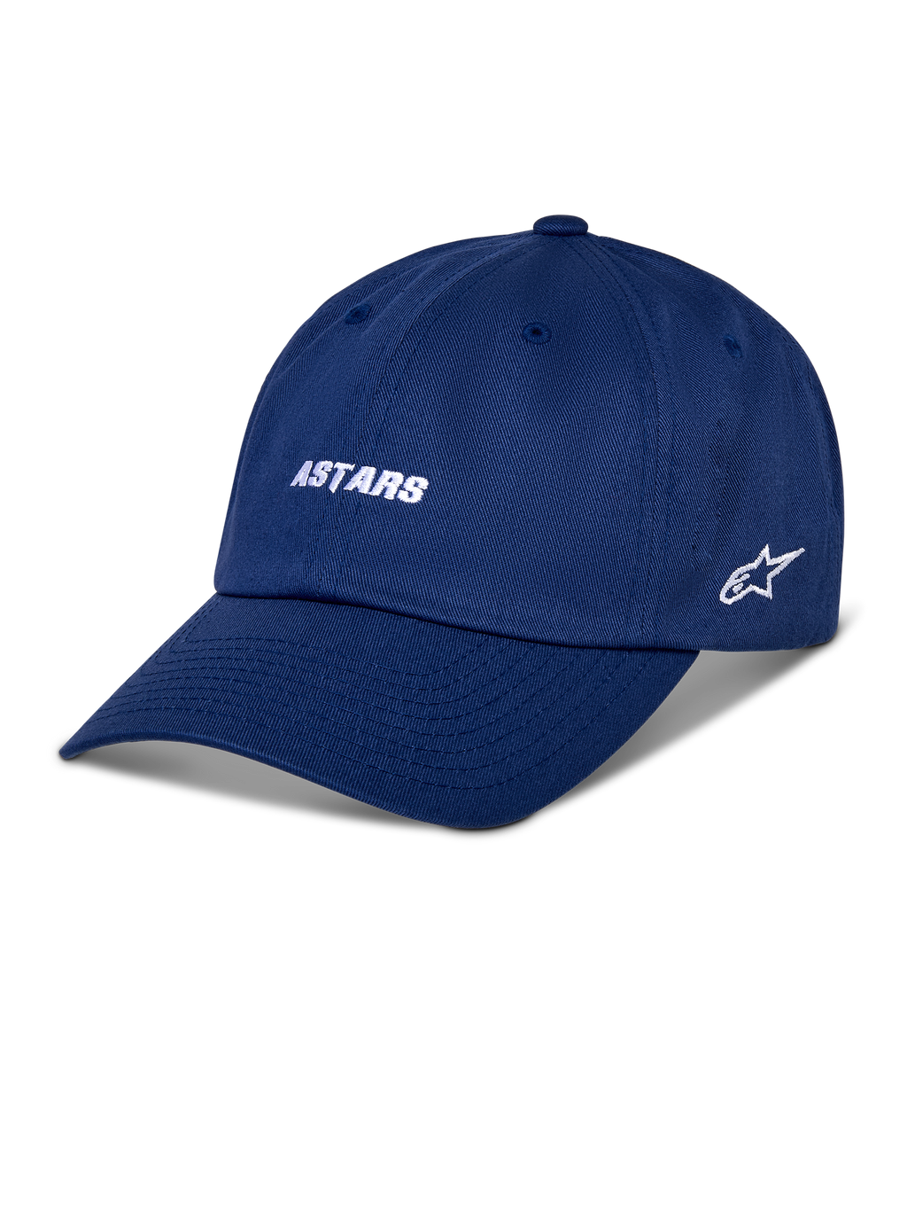 Alpinestars Deduce Strapback Hat, blå baseballkeps, vit broderad ASTARS-text och stjärnlogotyp på sidan, böjd skärm, casual motorsport-streetwear