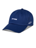 Alpinestars Deduce Strapback Hat, blå baseballkeps, vit broderad ASTARS-text och stjärnlogotyp på sidan, böjd skärm, casual motorsport-streetwear