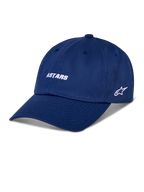 Alpinestars Deduce Strapback Hat, blå baseballkeps, vit broderad ASTARS-text och stjärnlogotyp på sidan, böjd skärm, casual motorsport-streetwear