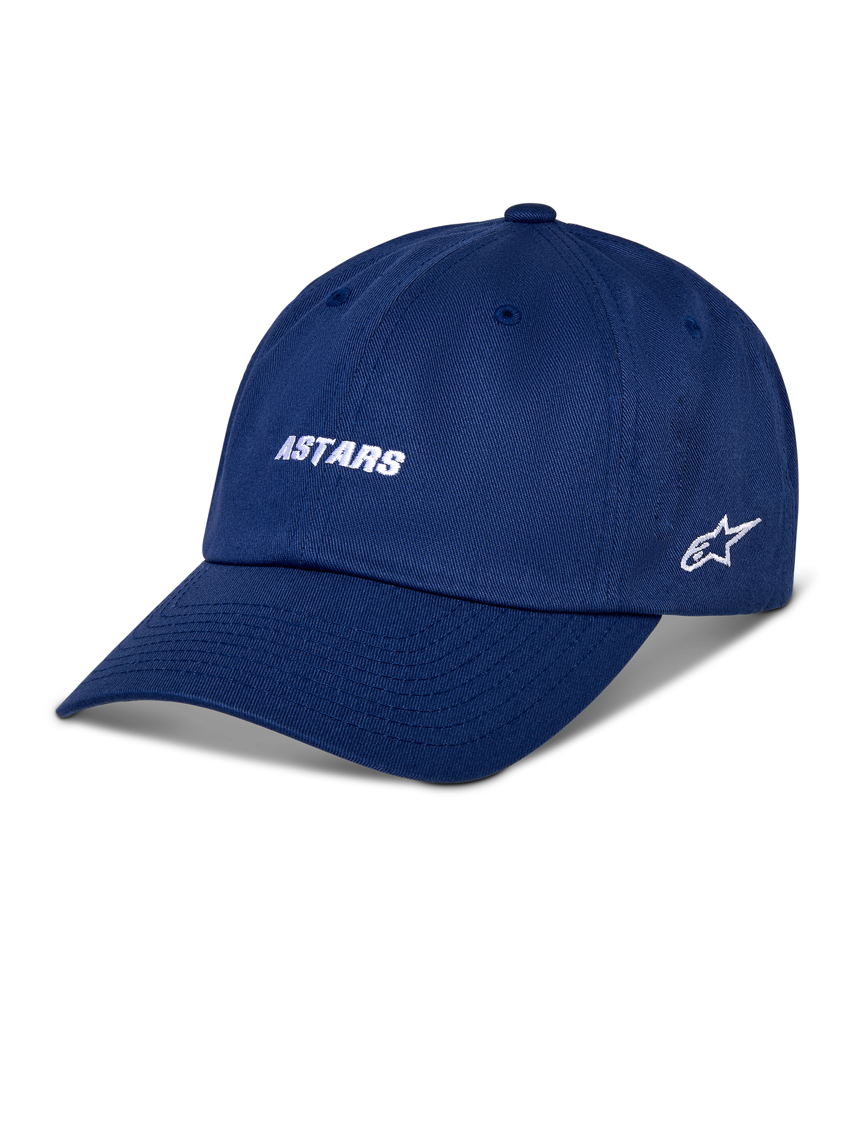 Alpinestars Deduce Strapback Hat, Blue baseball cap, white embroidered ASTARS wordmark and side star logo, curved brim, casual motorsport streetwear