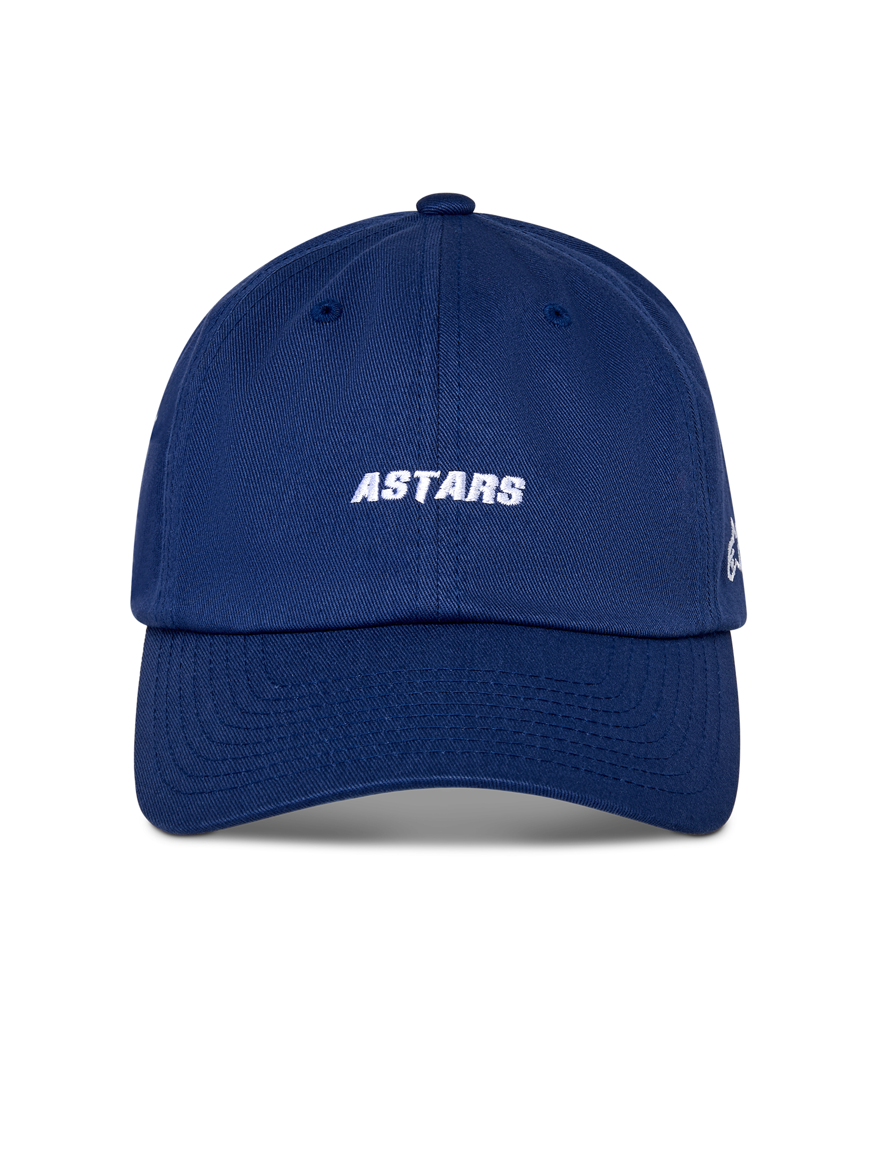 Alpinestars Deduce Strapback keps, sportkeps, blå, vitt ASTARS-ordmärke broderat framtill, böjd skärm, ostrukturerad låg krona, casual motorsport-inspirerad huvudbonad