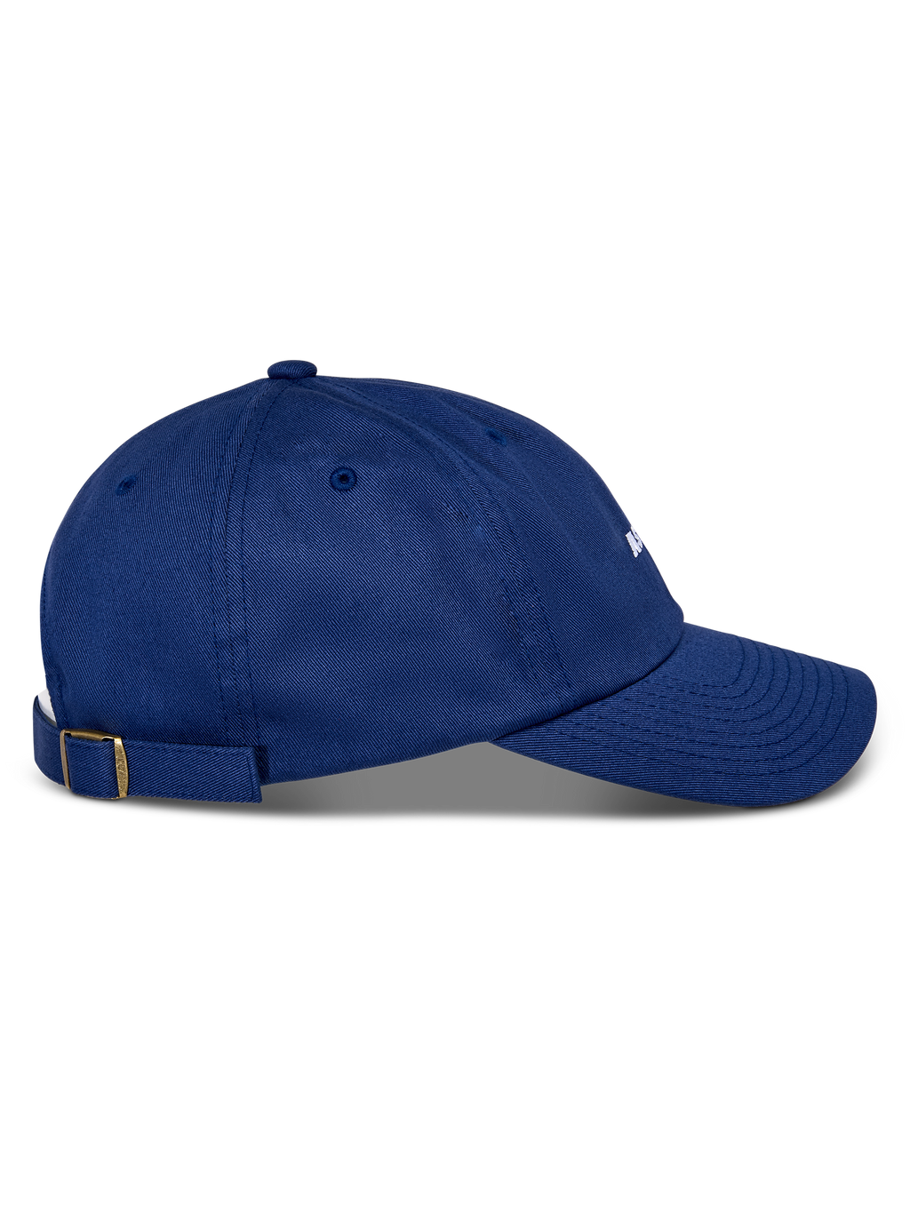 Alpinestars Deduce Strapback Keps, blå, sidoprofil, böjd skärm, justerbar remknäppning med mässingsspänne, konstruktion i bomullstwill, vardaglig huvudbonad med vitt broderad logotyp