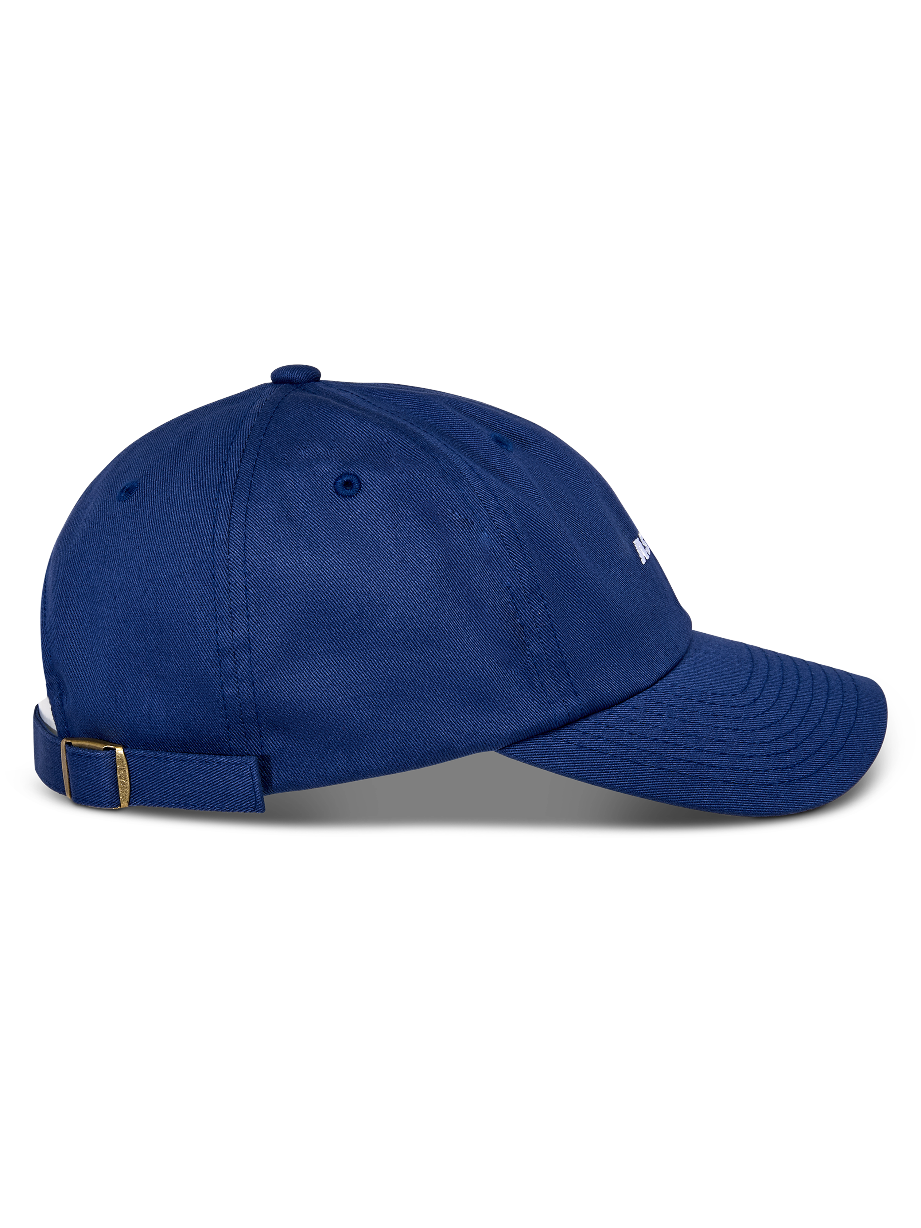 Alpinestars Deduce Strapback Keps, blå, sidoprofil, böjd skärm, justerbar remknäppning med mässingsspänne, konstruktion i bomullstwill, vardaglig huvudbonad med vitt broderad logotyp