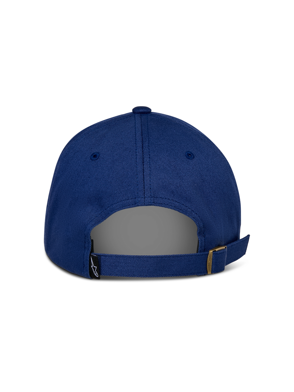 Alpinestars Deduce Strapback-keps, blå, baksida med justerbar rem och metallspänne, liten svart etikett med Astars-logotyp, vardaglig konstruktion i bomullstwill