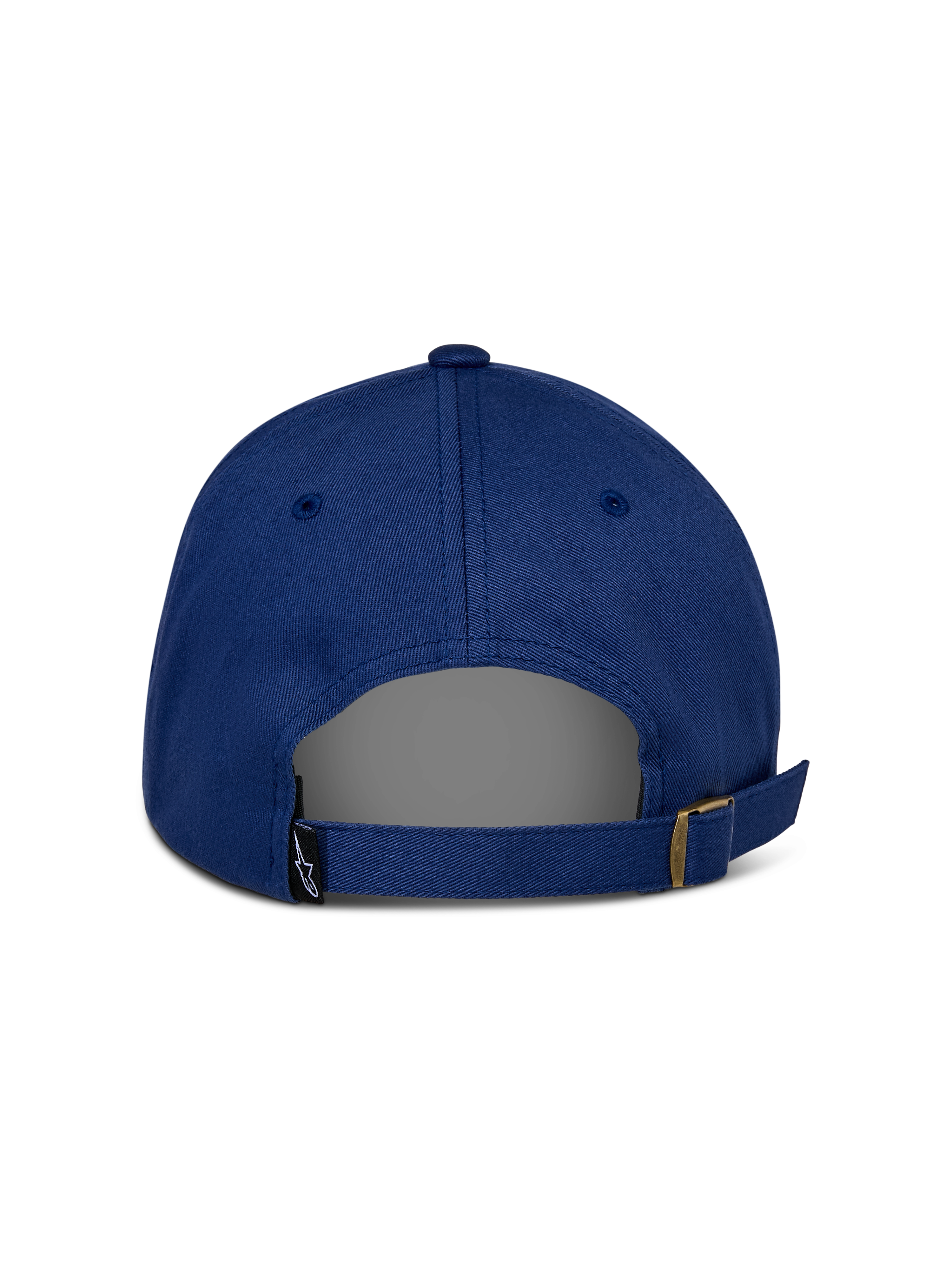 Alpinestars Deduce Strapback-keps, blå, baksida med justerbar rem och metallspänne, liten svart etikett med Astars-logotyp, vardaglig konstruktion i bomullstwill