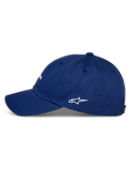 Alpinestars Deduce Strapback-keps, blå, profilvy från sidan med böjd skärm och vit broderad Astars-logotyp, konstruktion i bomullstwill, casual sportswear