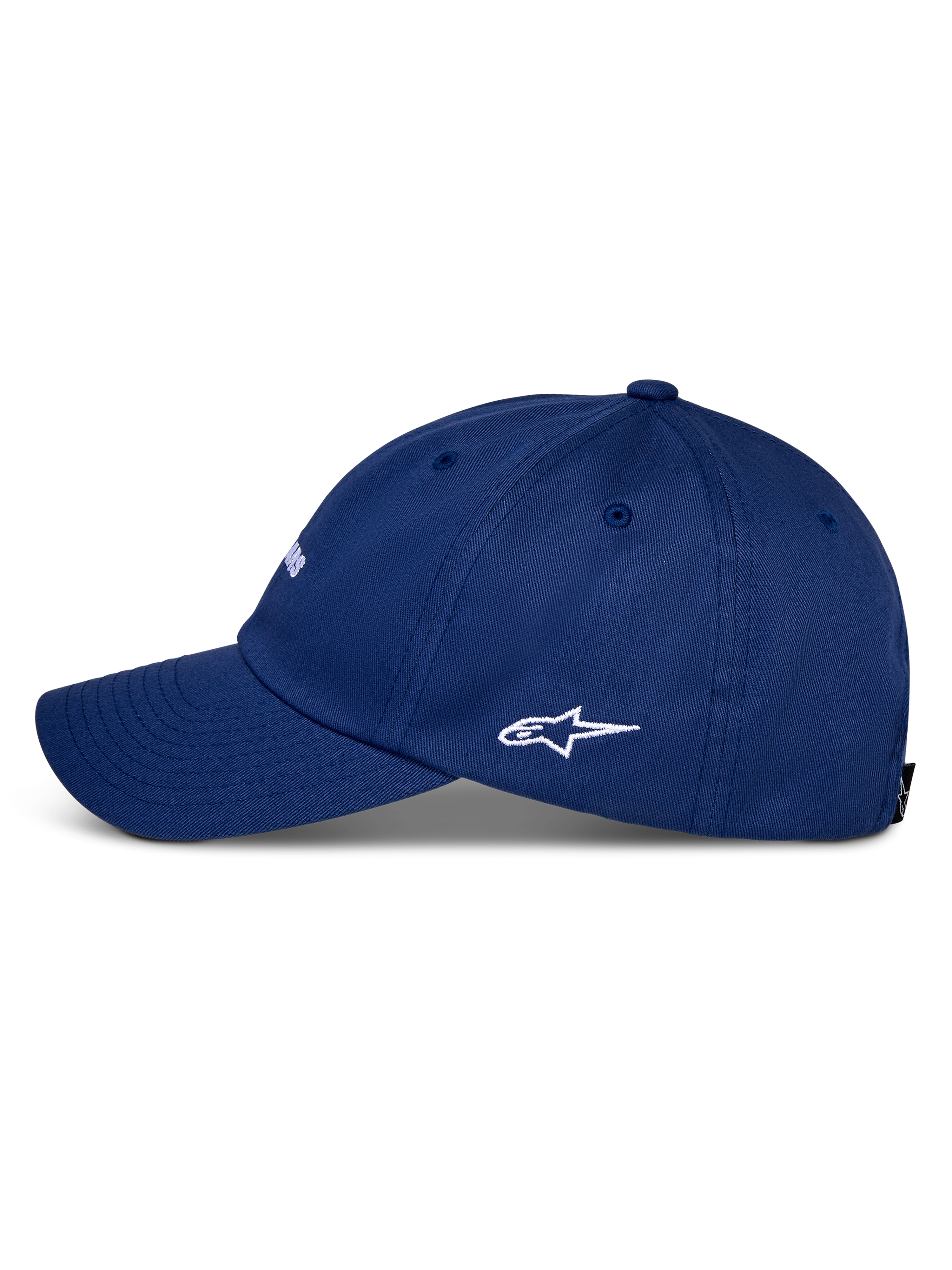 Alpinestars Deduce Strapback-keps, blå, profilvy från sidan med böjd skärm och vit broderad Astars-logotyp, konstruktion i bomullstwill, casual sportswear