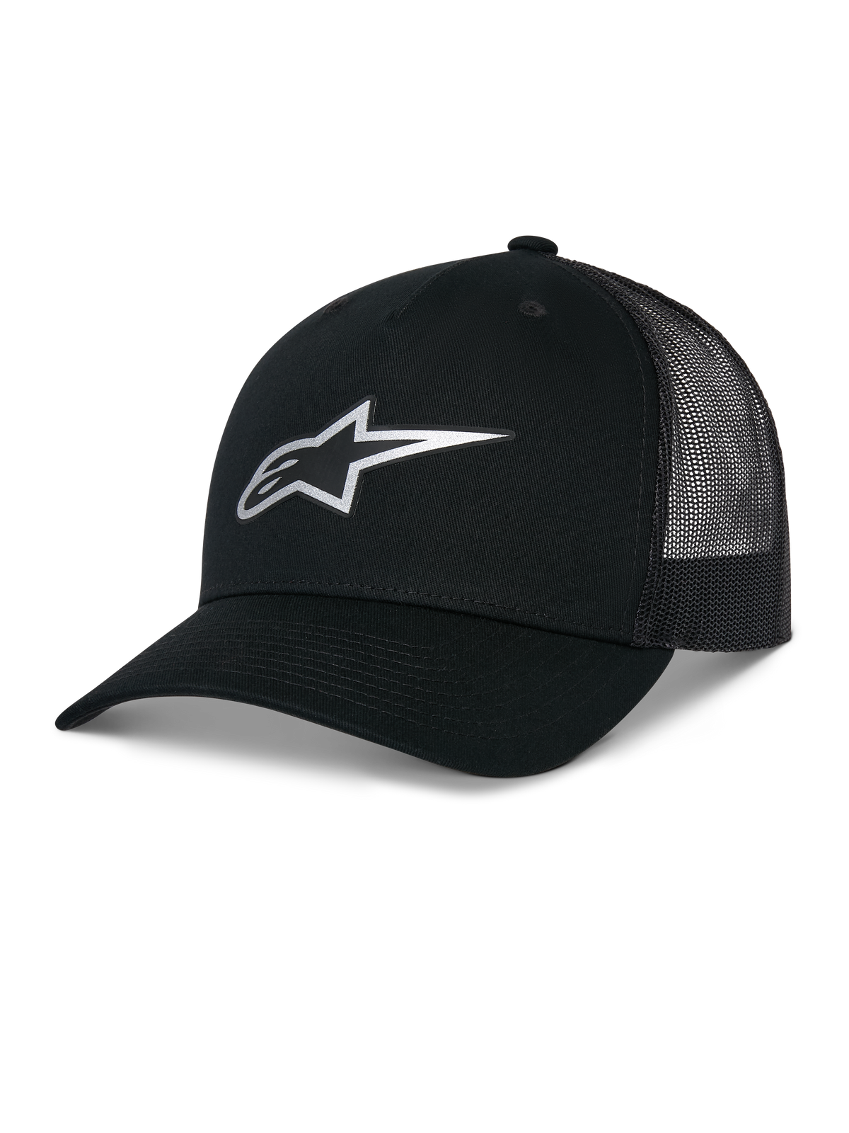 Alpinestars Reflect Ageless Trucker Hat, Black, featuring a reflective silver Astars logo on the front, curved brim and mesh back panels, structured crown, casual motorsport headwear