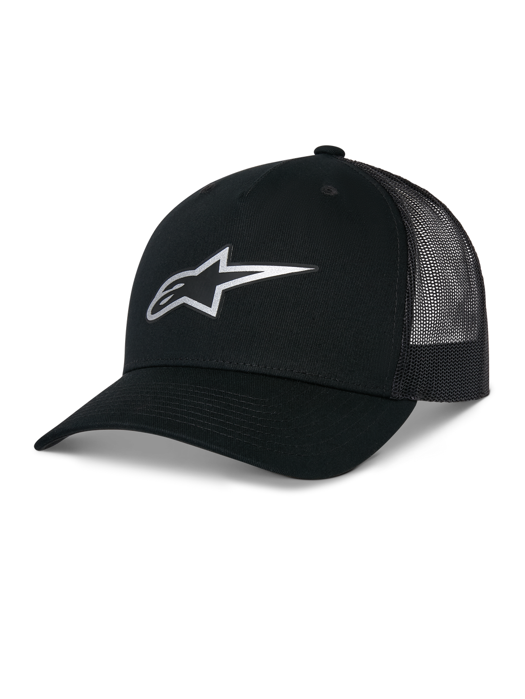 Alpinestars Reflect Ageless Trucker Hat, svart keps med meshpaneler på baksidan, reflekterande silverfärgad Astars-logotyp framtill, böjd skärm och strukturerad krona, casual motorsport-huvudbonad